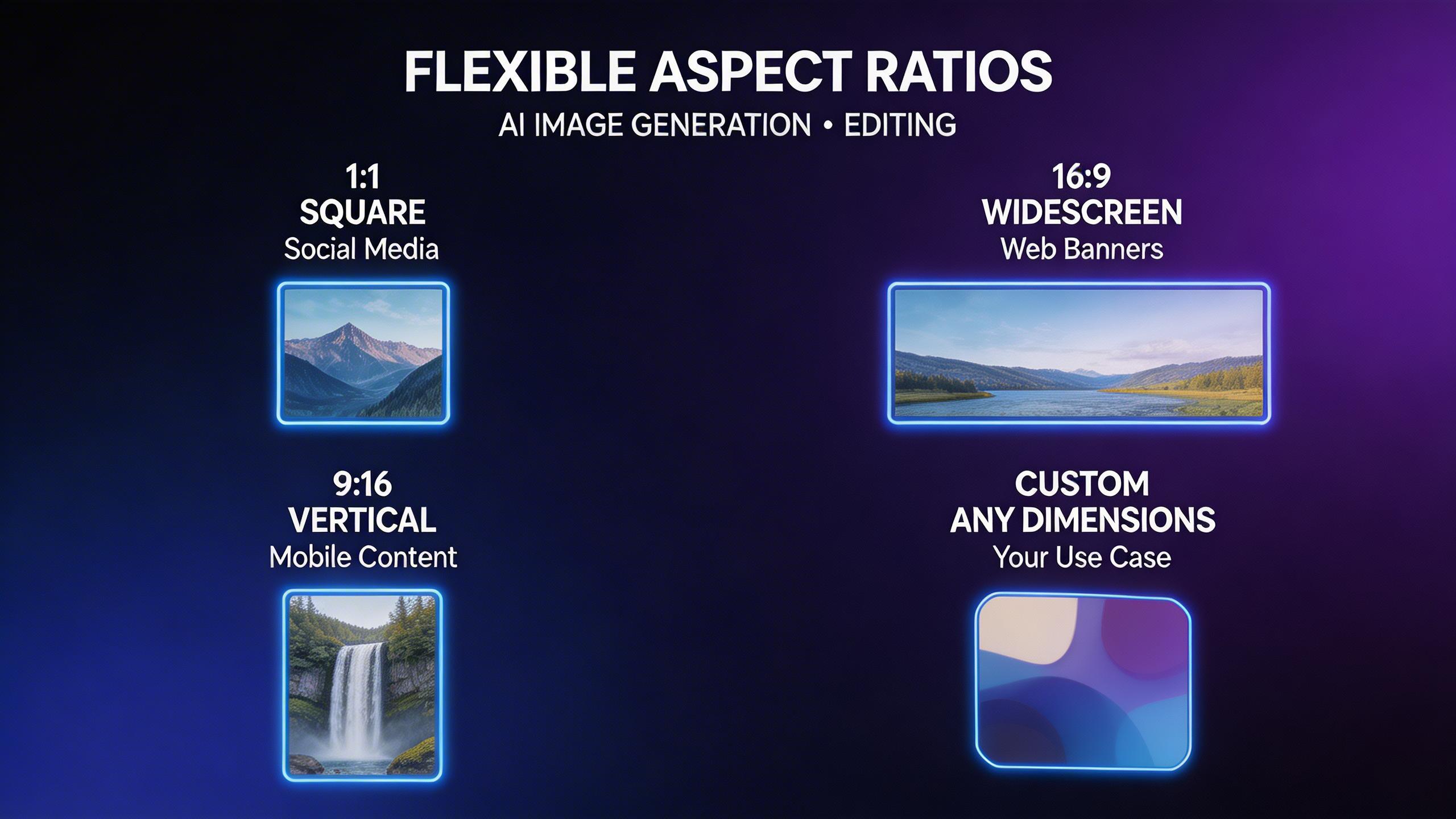 Flexible Aspect Ratios. Generate images in any aspect ratio — square for social media, widescreen for web banners, vertical for mobile, or custom dimensions for your specific...