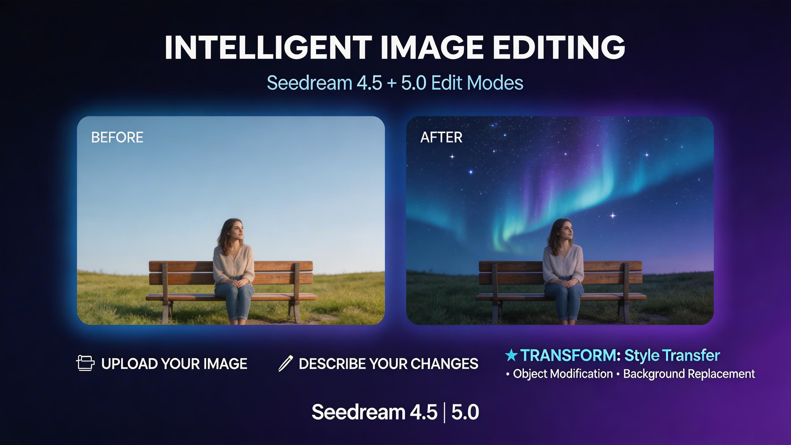 Intelligent Image Editing. Transform existing images with Seedream 4.5 and 5.0 Edit modes. Upload an image and describe the changes — style transfer, object modification,...