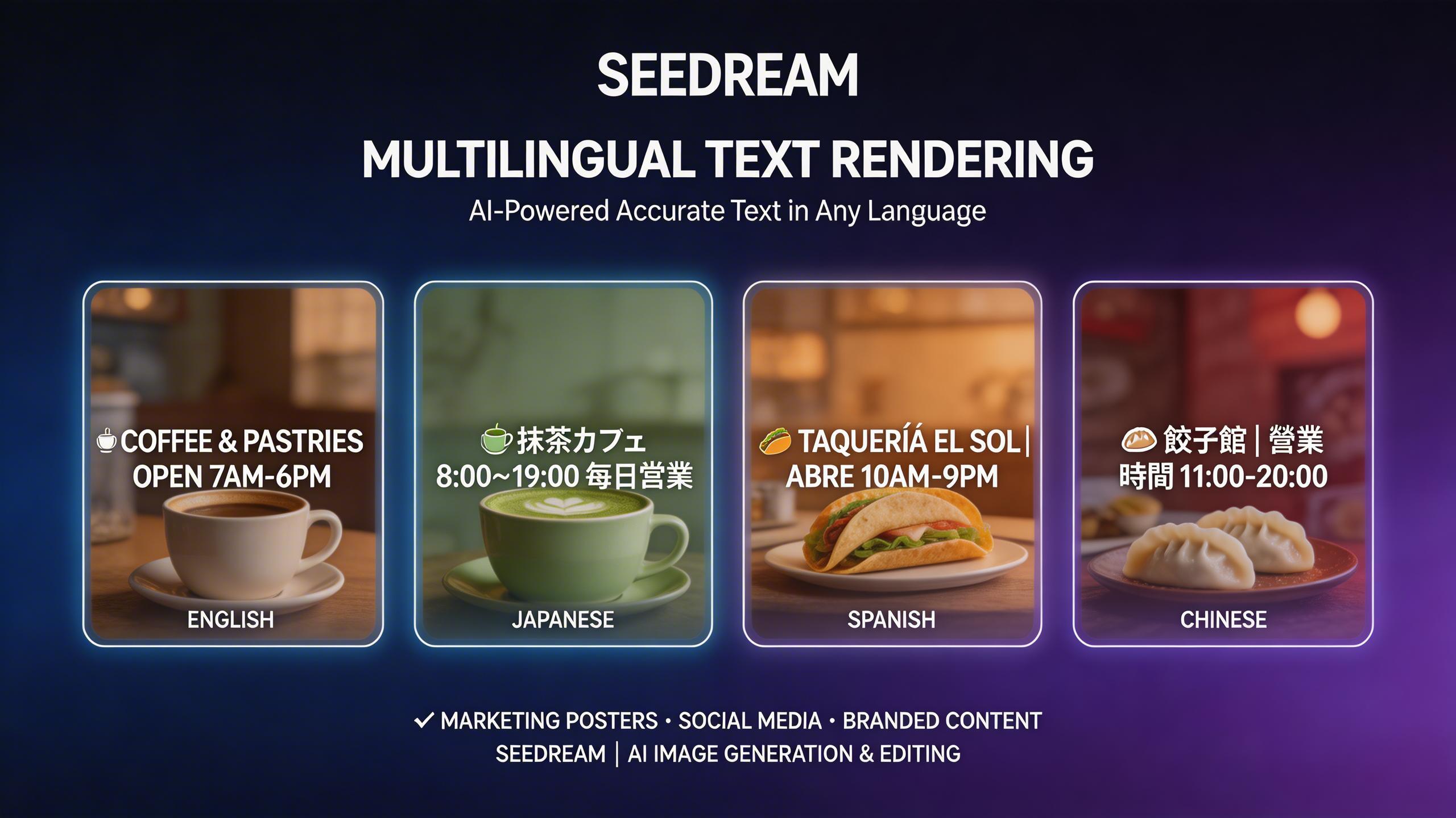 Multilingual Text Rendering. Seedream handles text rendering within images across multiple languages with high accuracy. Ideal for creating marketing materials, posters, and...