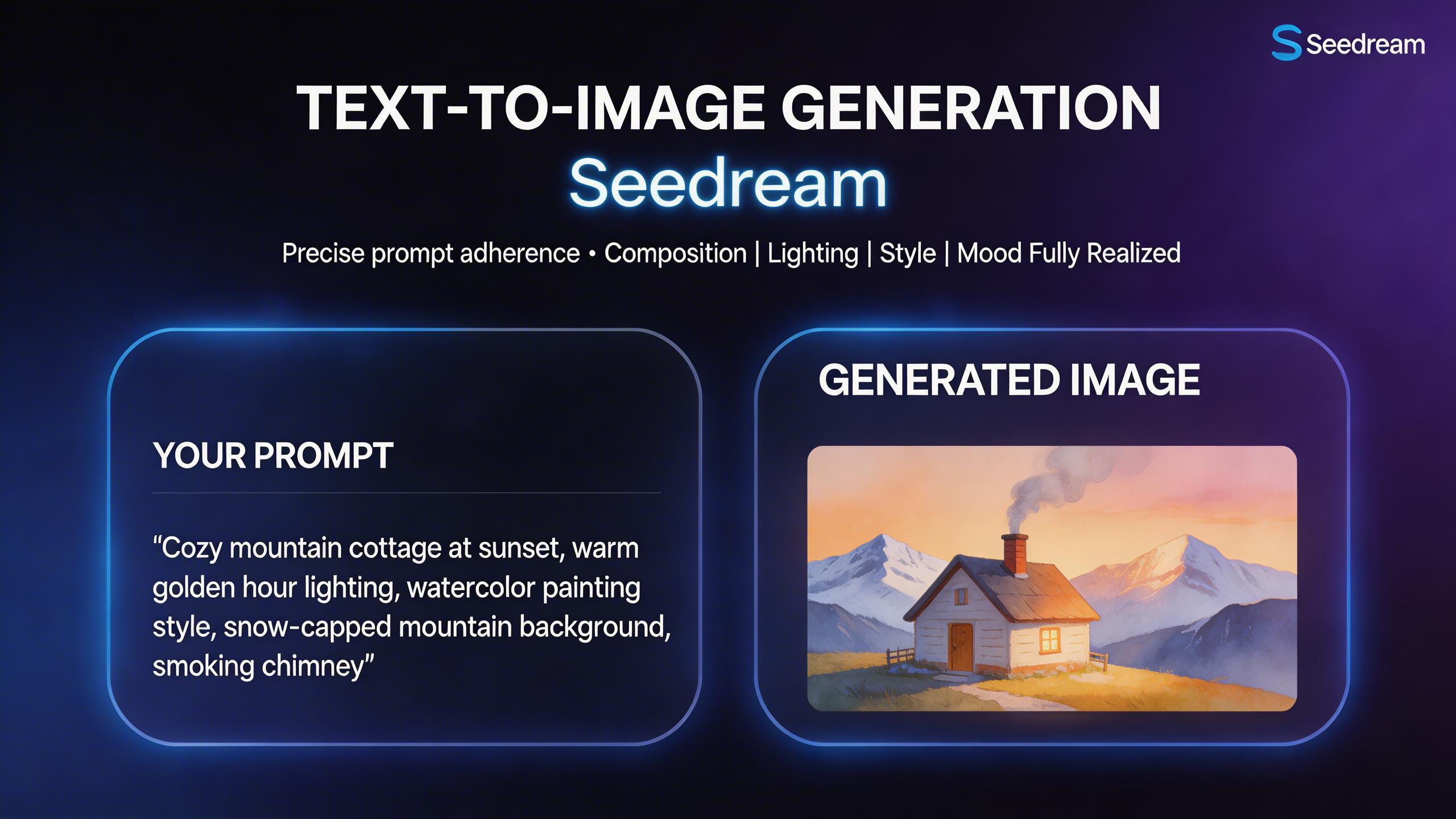 Text-to-Image Generation. Generate high-quality images from text descriptions with excellent prompt adherence. Seedream understands complex prompts including composition,...