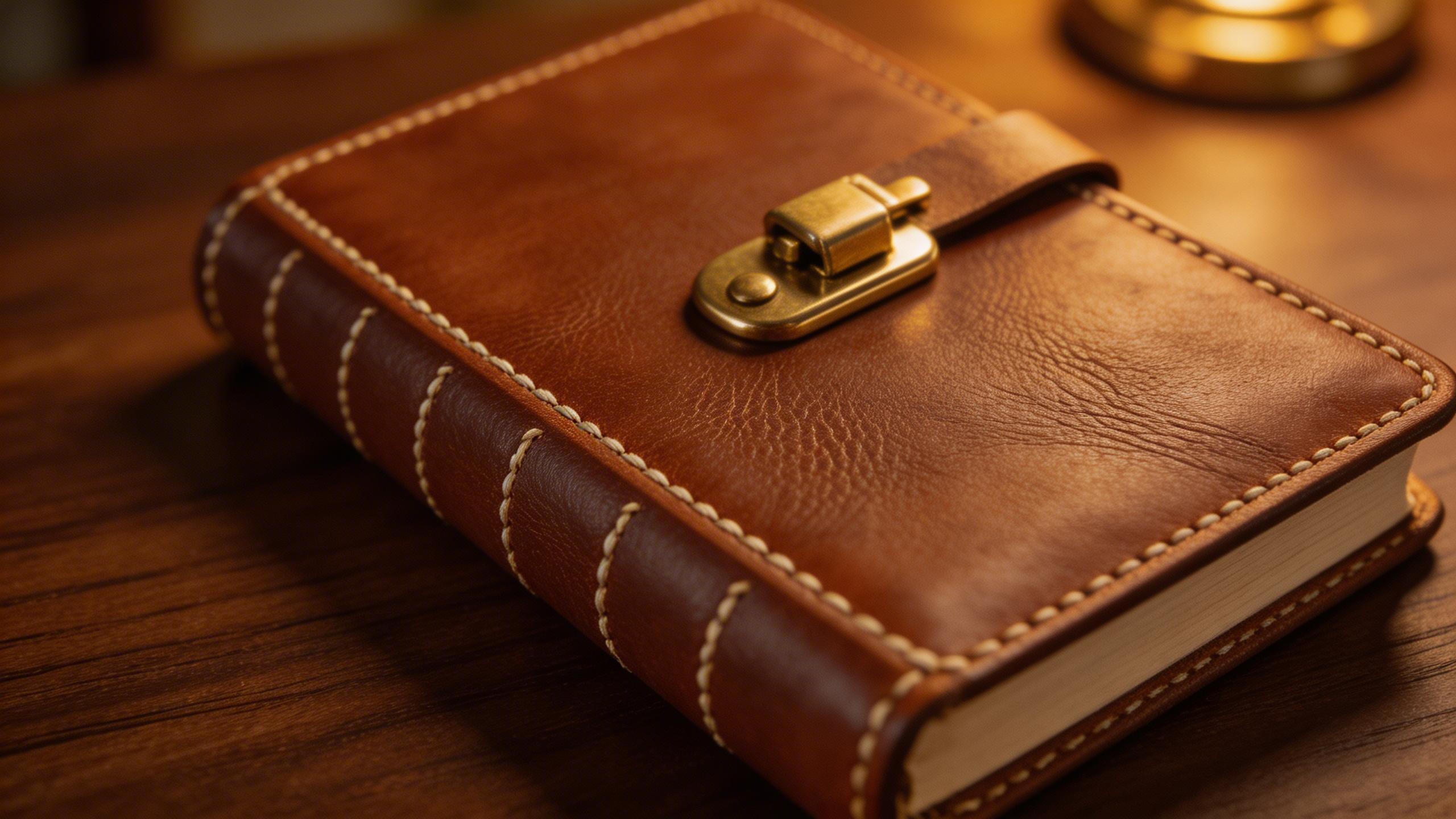 Good: Material + Texture. Close-up of a handcrafted leather journal on a dark walnut desk, visible stitching and grain texture, brass clasp catching warm lamplight, shallow...