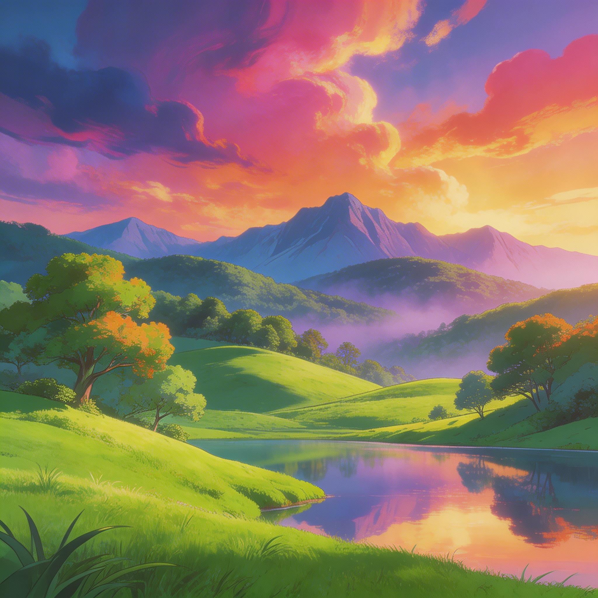 Anime-style landscape with dramatic colors