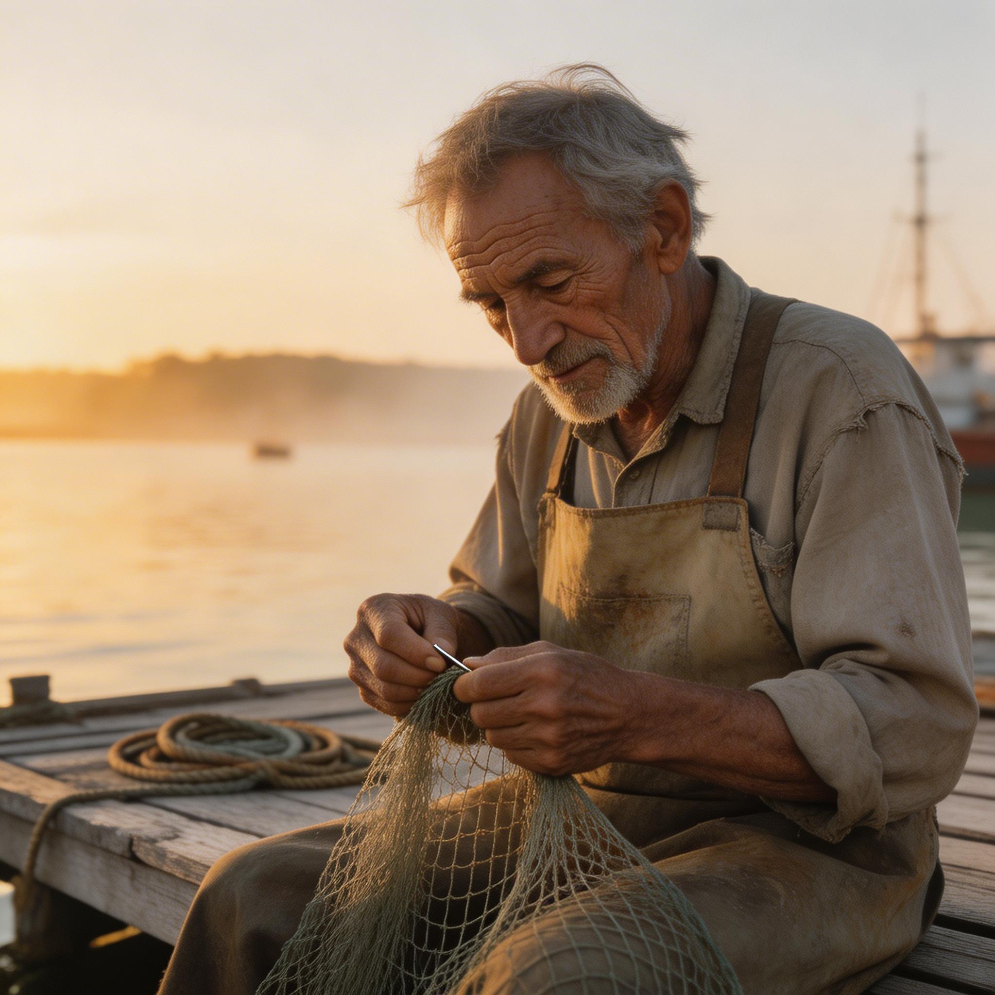 Good: Detailed Subject. A weathered fisherman mending nets on a wooden dock at dawn, deep wrinkles telling decades of stories, worn canvas apron, soft golden light from the...