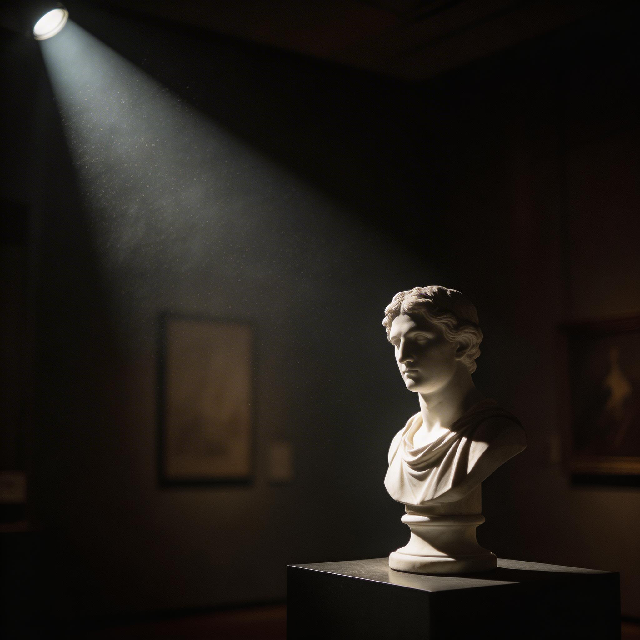 Good: Lighting + Atmosphere. Dramatic chiaroscuro lighting on a marble sculpture in a museum gallery, single spotlight from above left, deep shadows, dust particles visible in...