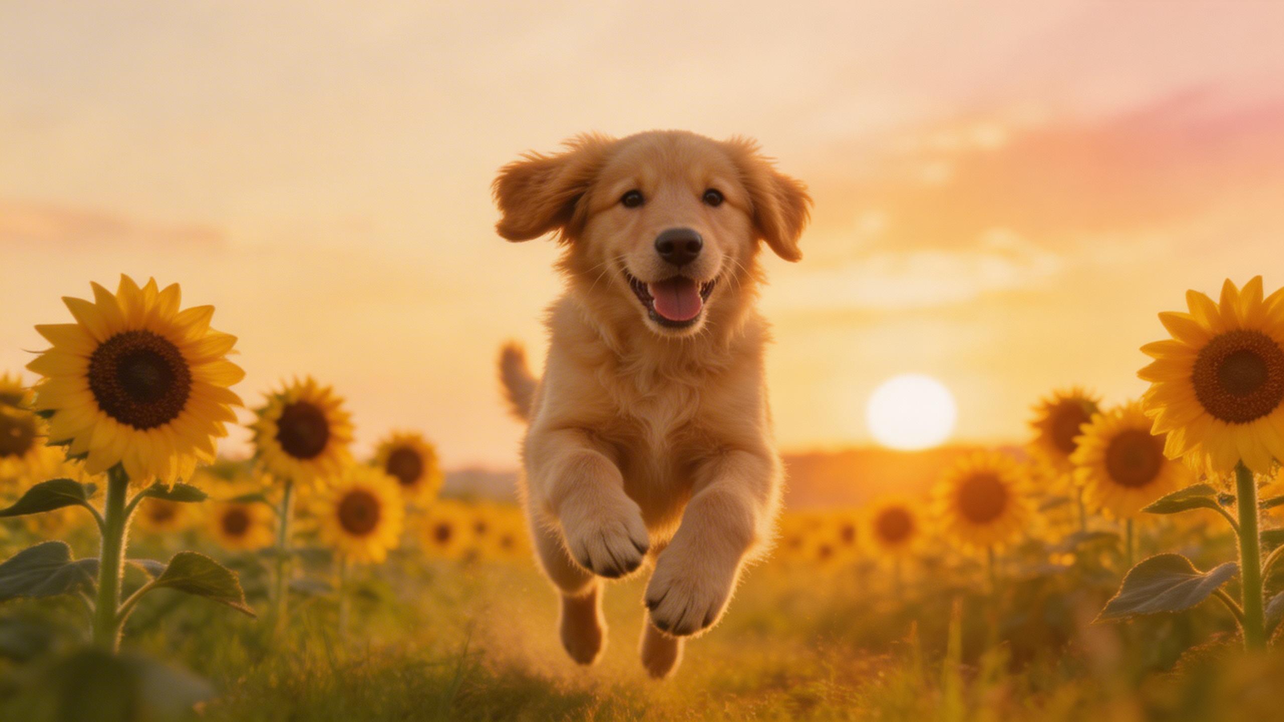 A golden retriever puppy running through a field of sunflowers at sunset, slow m