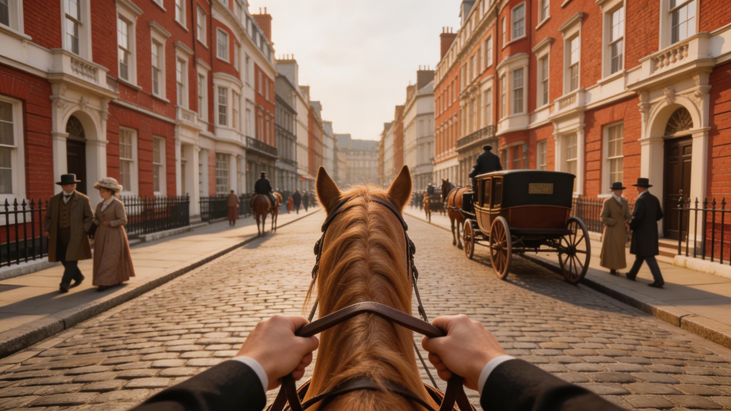 Ultra-realistic POV Video of riding a horse through historic London, first-perso