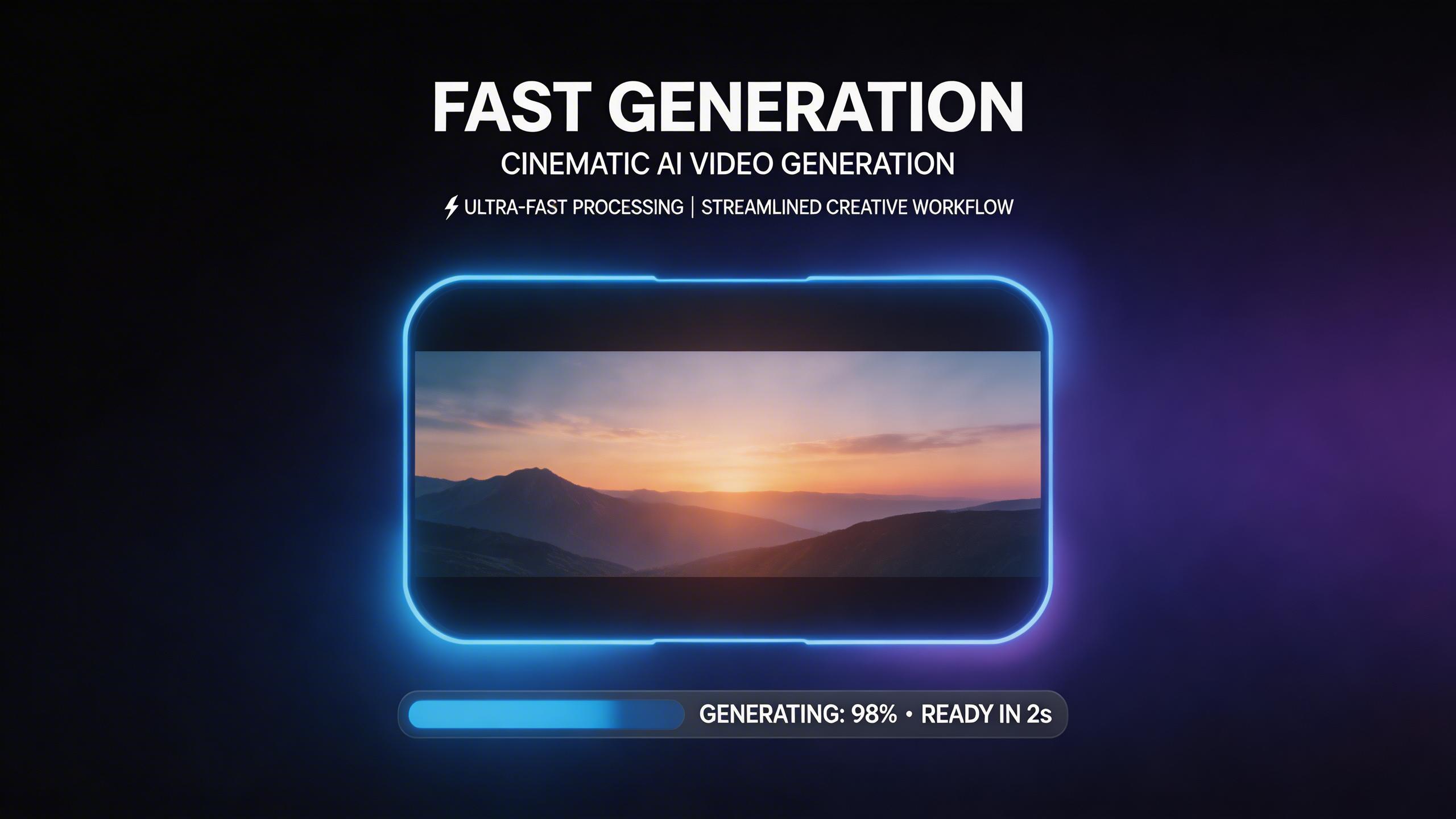 Fast Generation. Quick video generation with optimized processing for faster creative workflows.