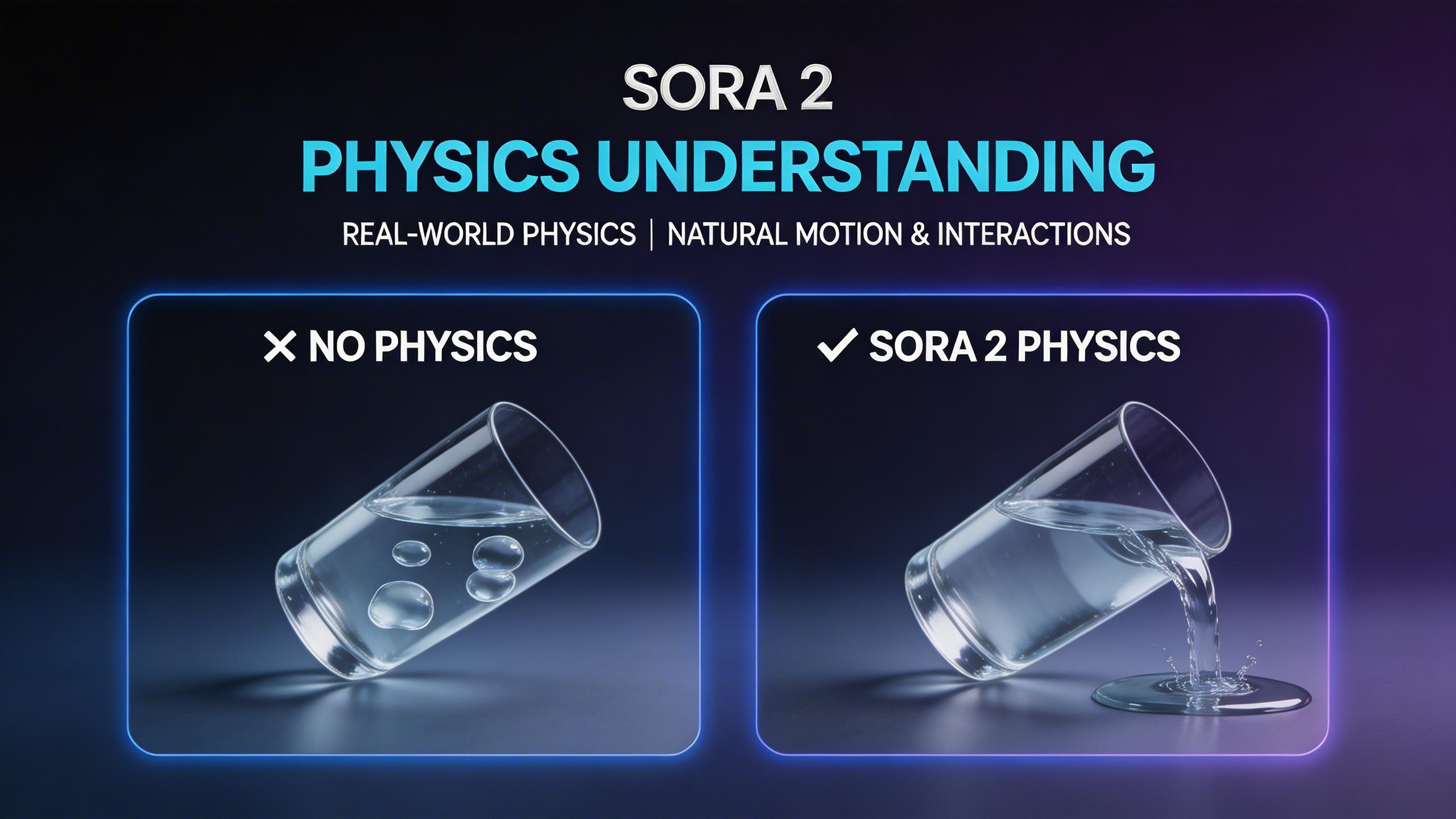 Physics Understanding. Sora 2 understands real-world physics, producing realistic motion and interactions.