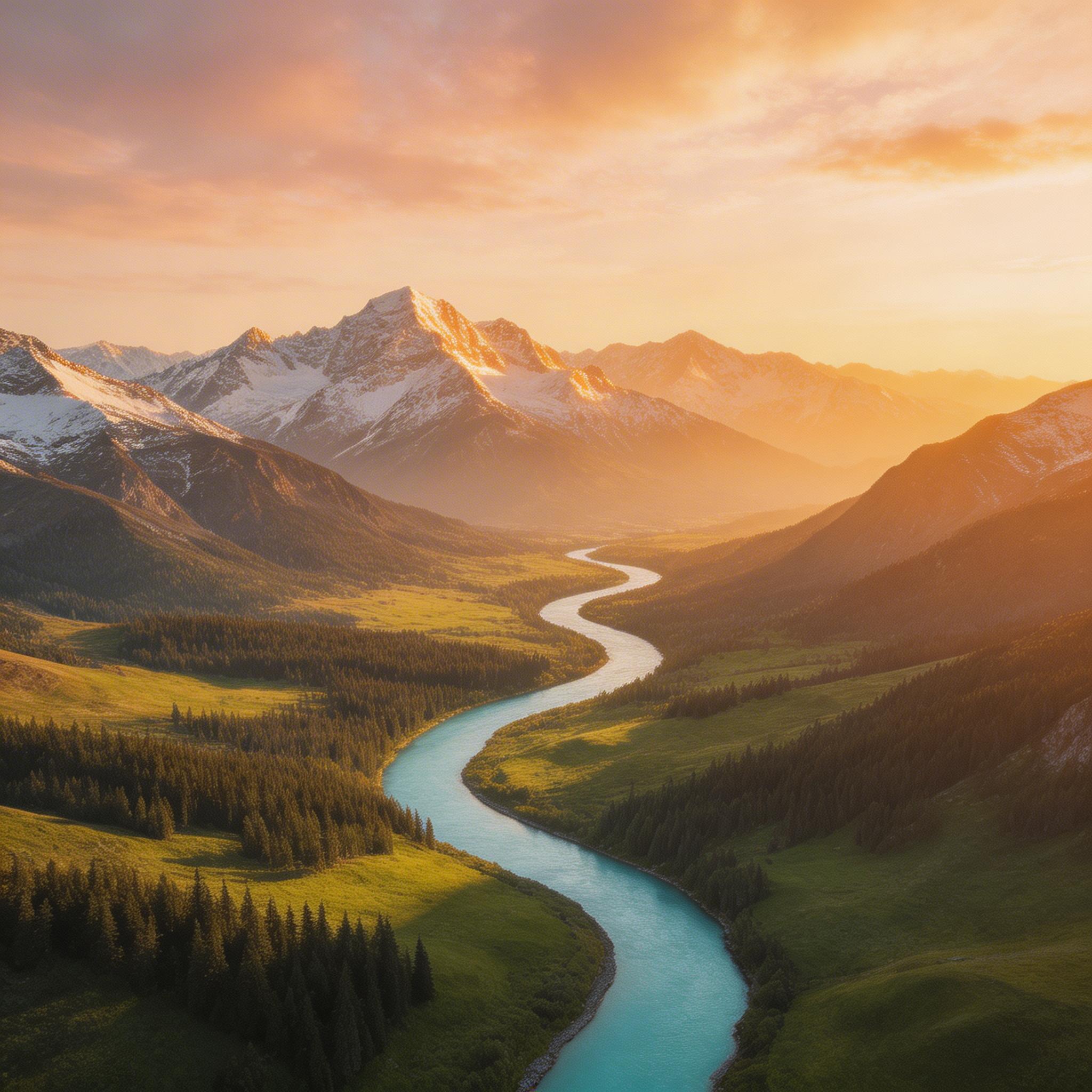 Epic Landscape. Aerial drone shot of a vast mountain landscape at golden hour, sweeping camera movement revealing valleys and rivers, cinematic color grading.. Cinematic
