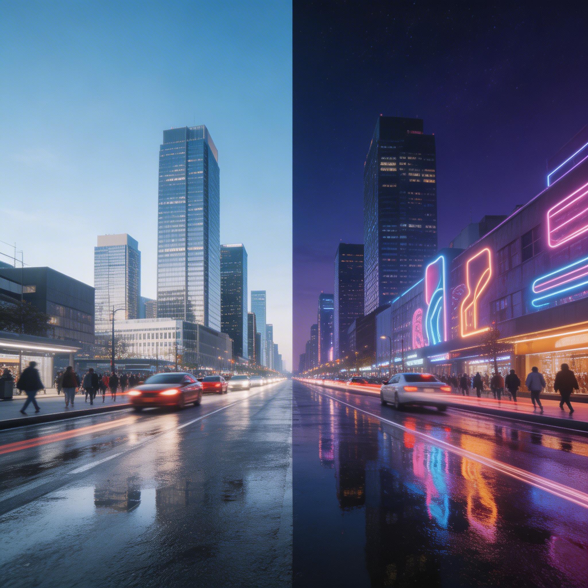 Urban Time-lapse. Time-lapse of a bustling city street transitioning from day to night, neon lights flickering on, reflections on wet pavement.. Cinematic
