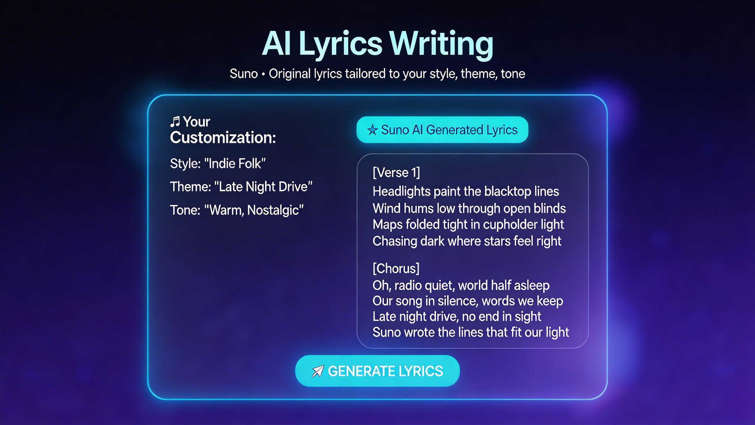 AI Lyrics Writing. Let Suno write original lyrics that match your musical style and theme. The AI understands song structure, rhyme schemes, and emotional tone to craft lyrics...
