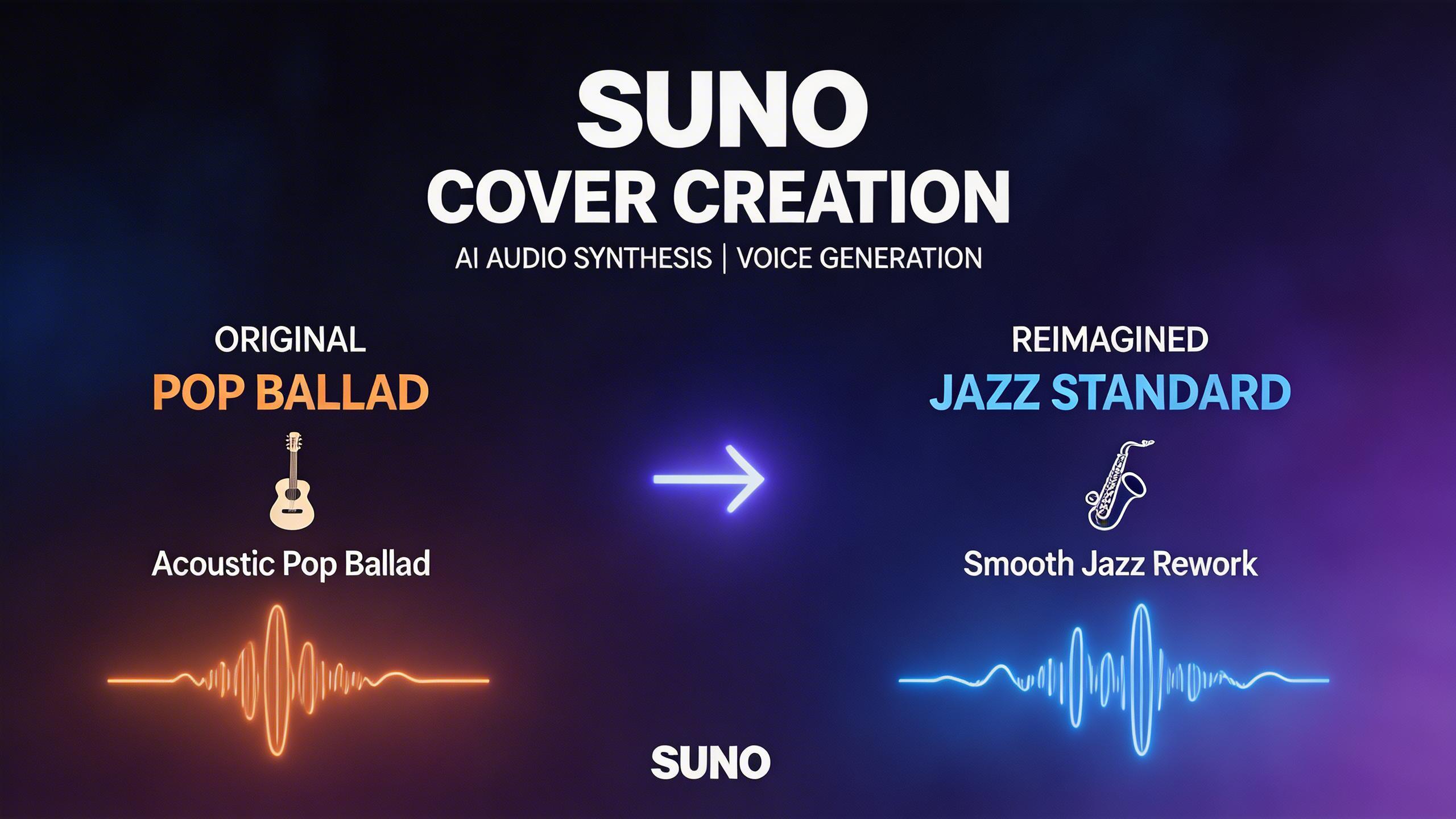Cover Creation. Transform songs with new vocal styles and instrumental arrangements. Suno can reinterpret a track in a completely different genre, turning a pop ballad into a...