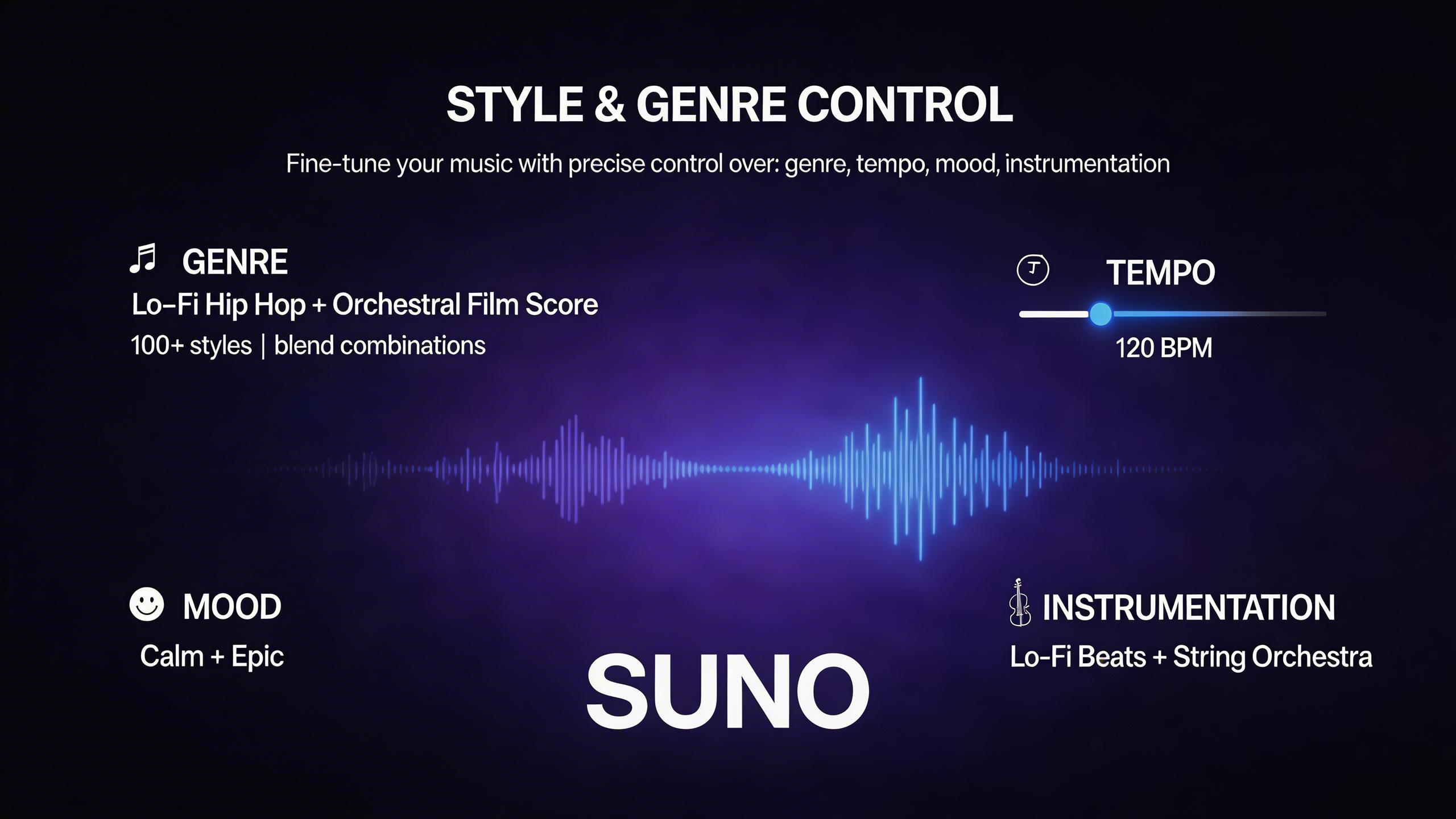 Style & Genre Control. Fine-tune your music with precise control over genre, tempo, mood, and instrumentation. From lo-fi hip hop to orchestral film scores, Suno understands...