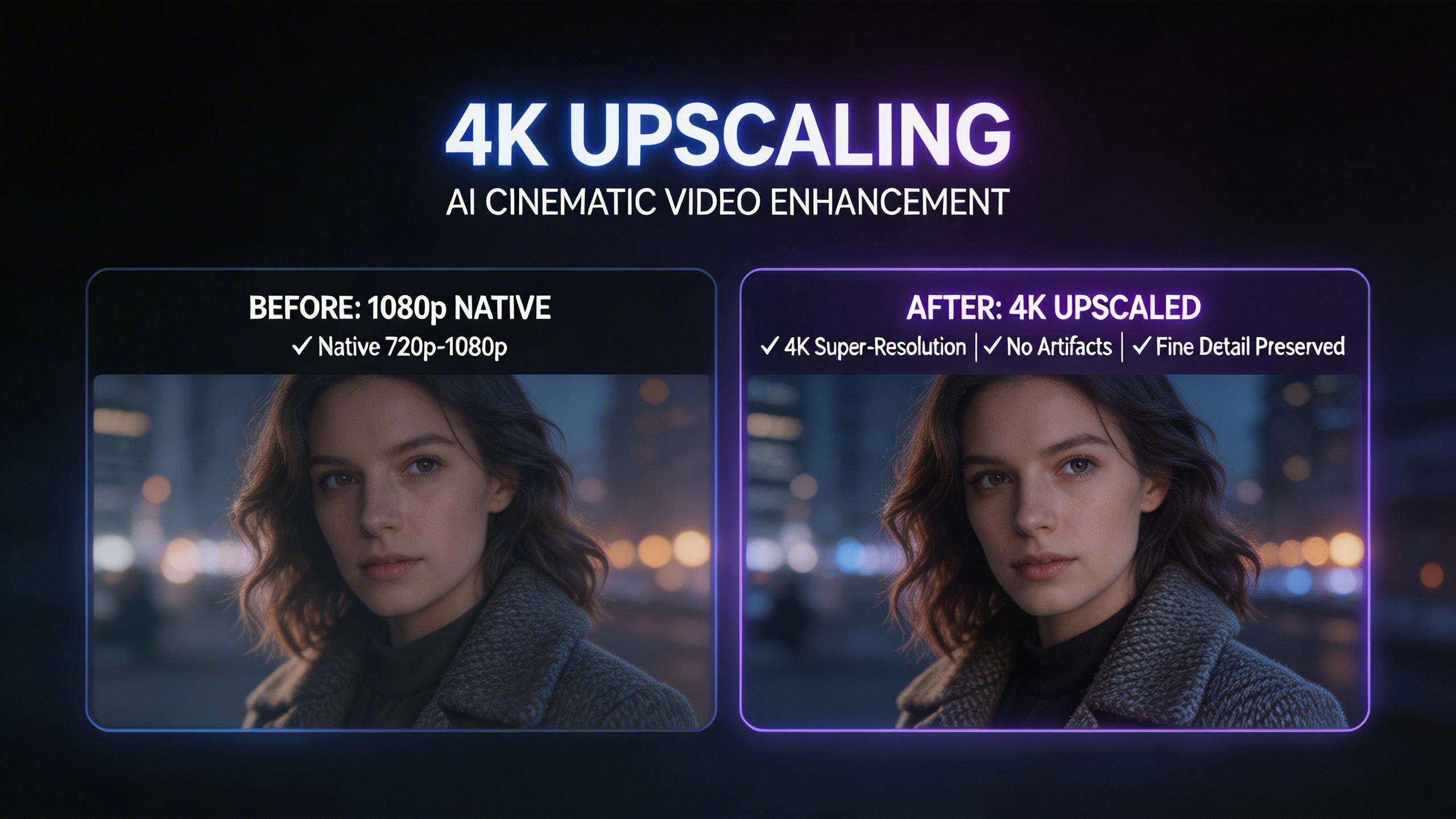 4K Upscaling. Generate at native 720p–1080p resolution, then upscale to 4K with built-in super-resolution. The upscaler preserves fine detail, adding sharpness and texture...