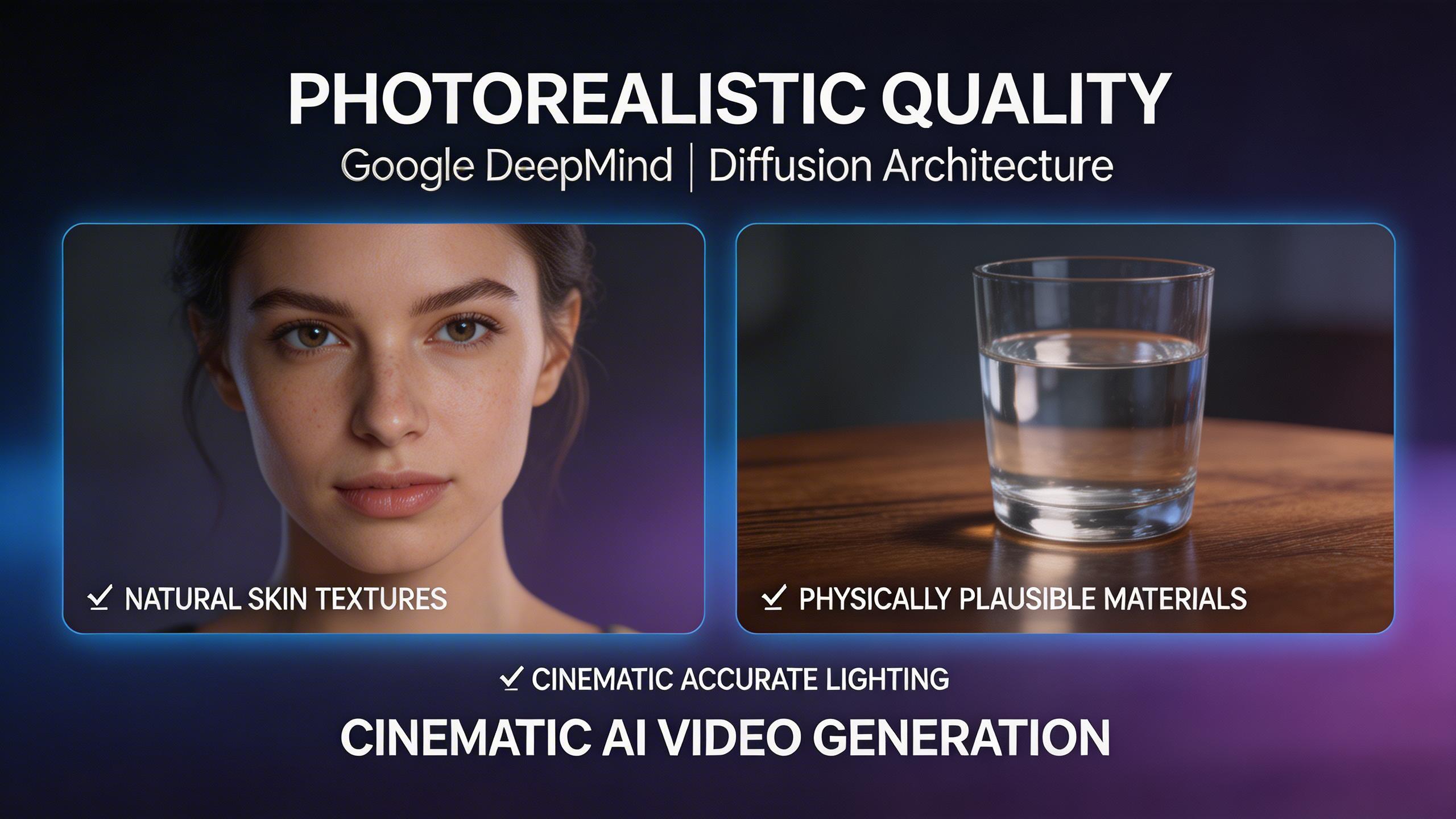 Photorealistic Quality. Google DeepMind's latest diffusion architecture delivers industry-leading photorealism. Each frame holds up under scrutiny with natural skin textures,...