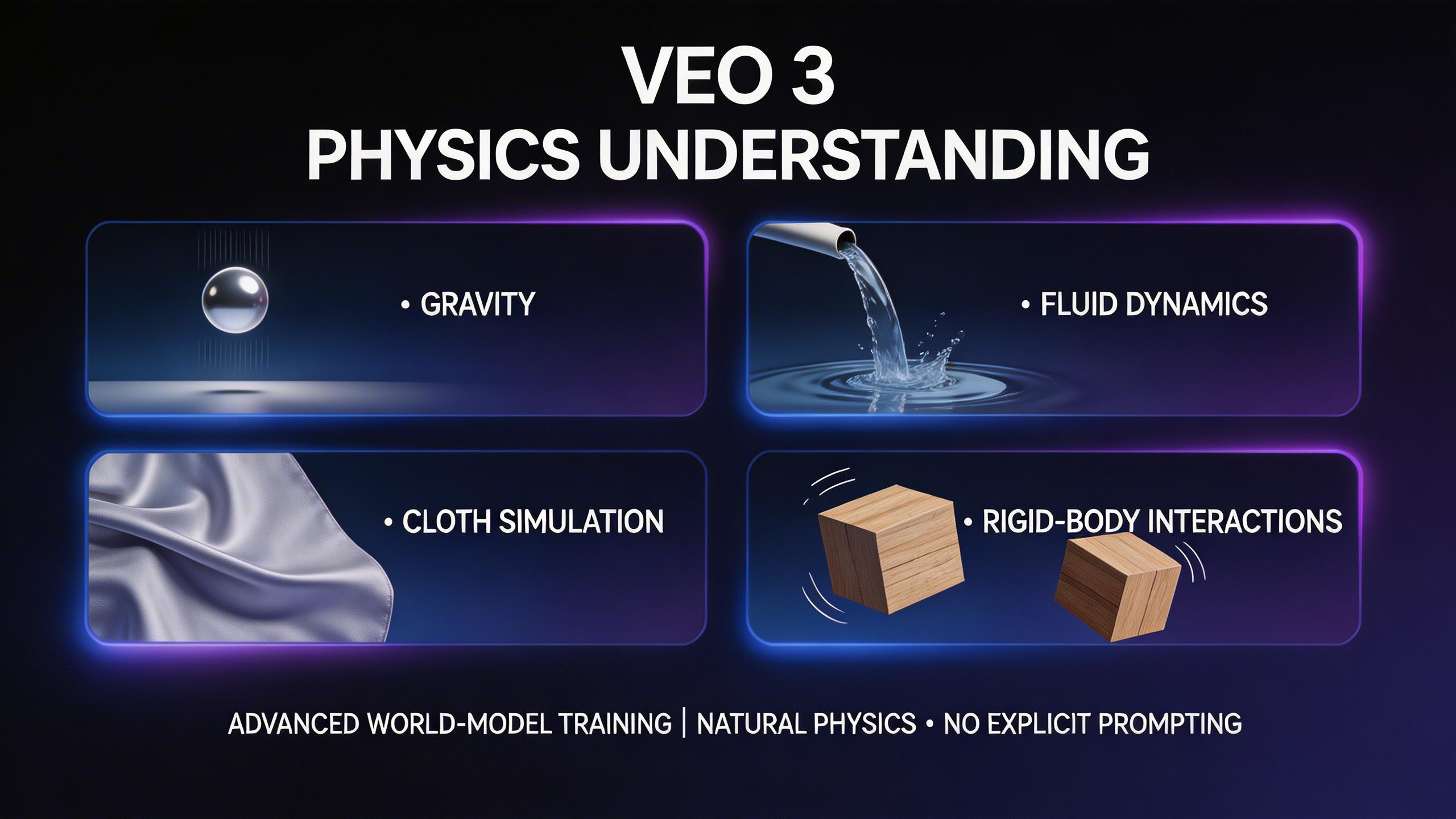 Physics Understanding. Advanced world-model training gives Veo 3 a deep understanding of real-world physics — gravity, fluid dynamics, cloth simulation, and rigid-body...