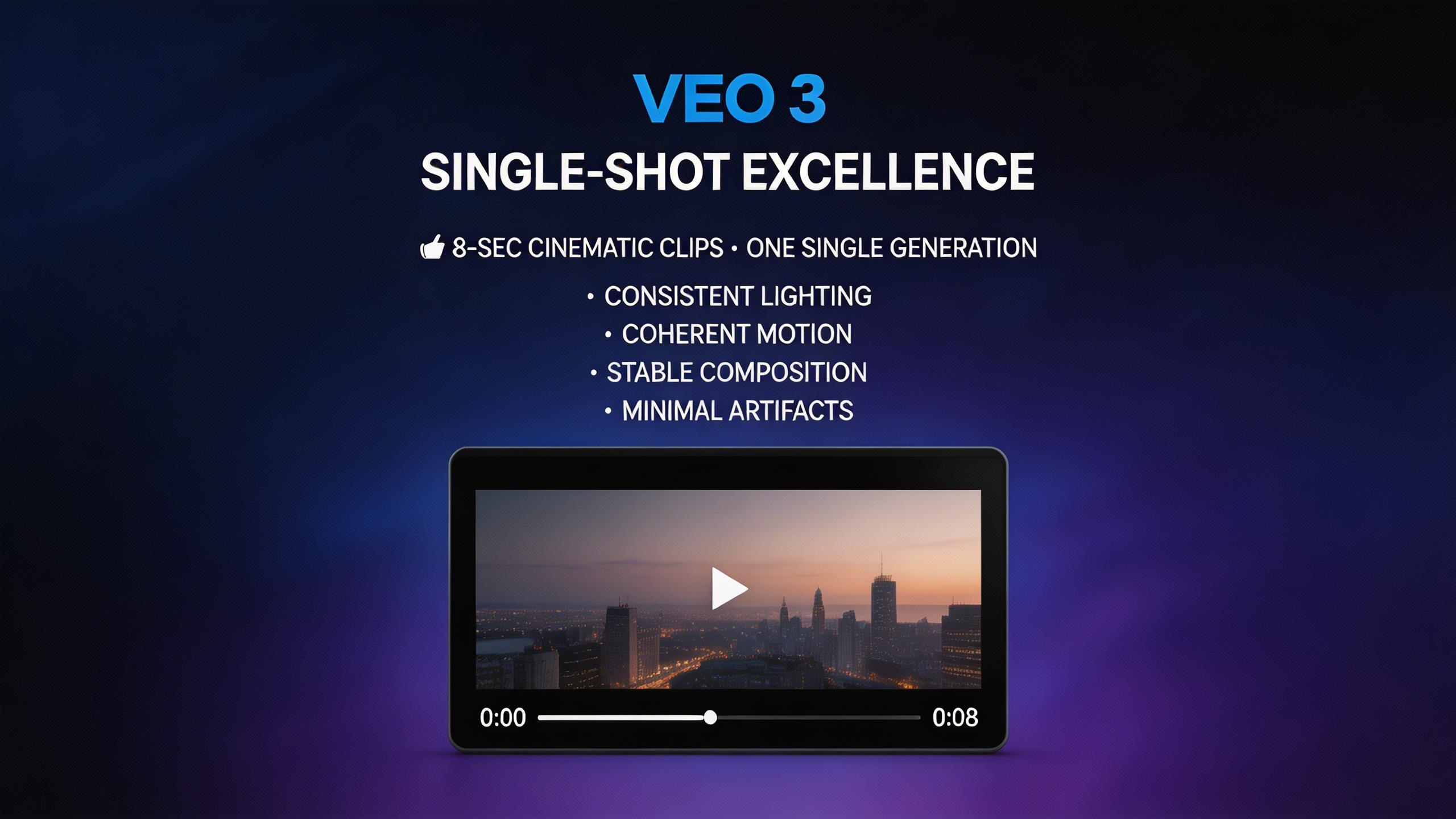 Single-Shot Excellence. Veo 3 excels at producing polished, complete shots in a single generation. Consistent lighting, coherent motion, and stable composition throughout the...