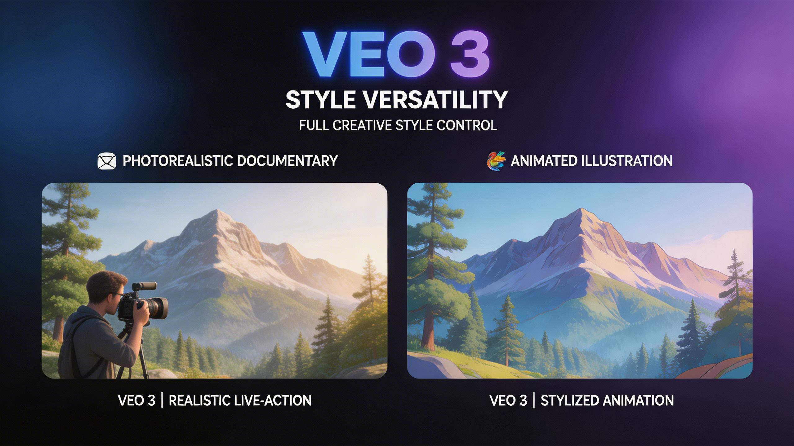 Style Versatility. From photorealistic documentary to animated illustration, Veo 3 adapts its visual style to match your creative direction. Detailed prompt following ensures...