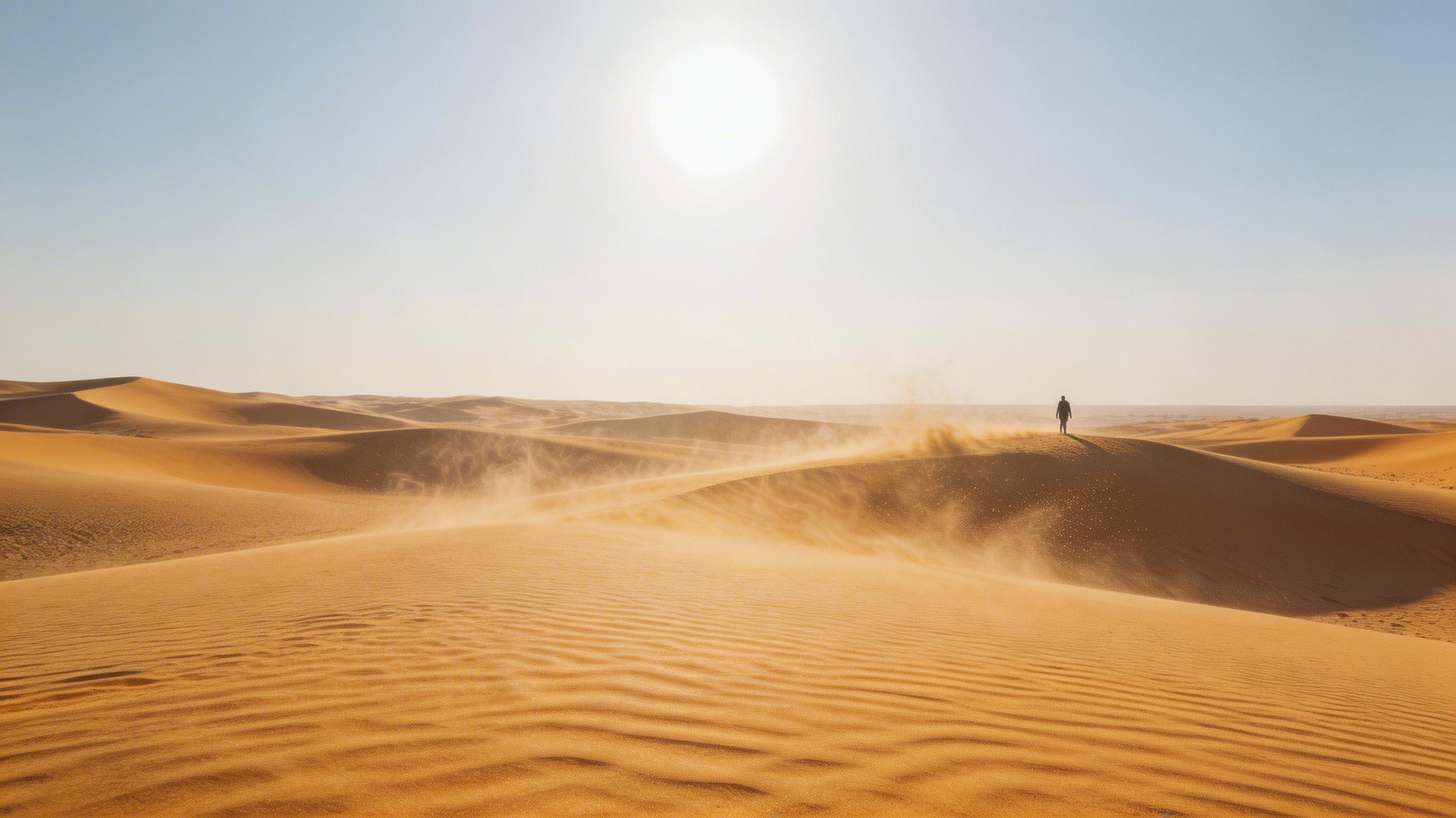 Desert Mirage. Heat haze shimmering over sand dunes at noon, a lone figure emerges from the distance, wind carrying fine sand particles, deep silence broken only by wind...