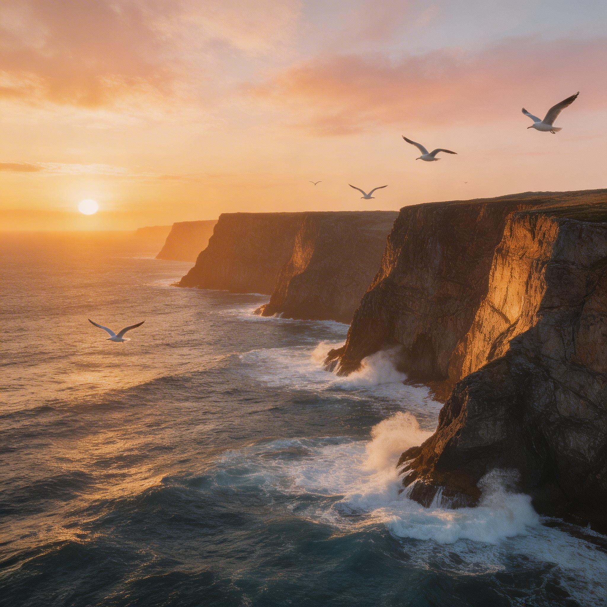 Golden Hour Landscape. Sweeping aerial shot of coastal cliffs at golden hour, waves crashing against rock formations below, seabirds soaring through frame, warm cinematic...