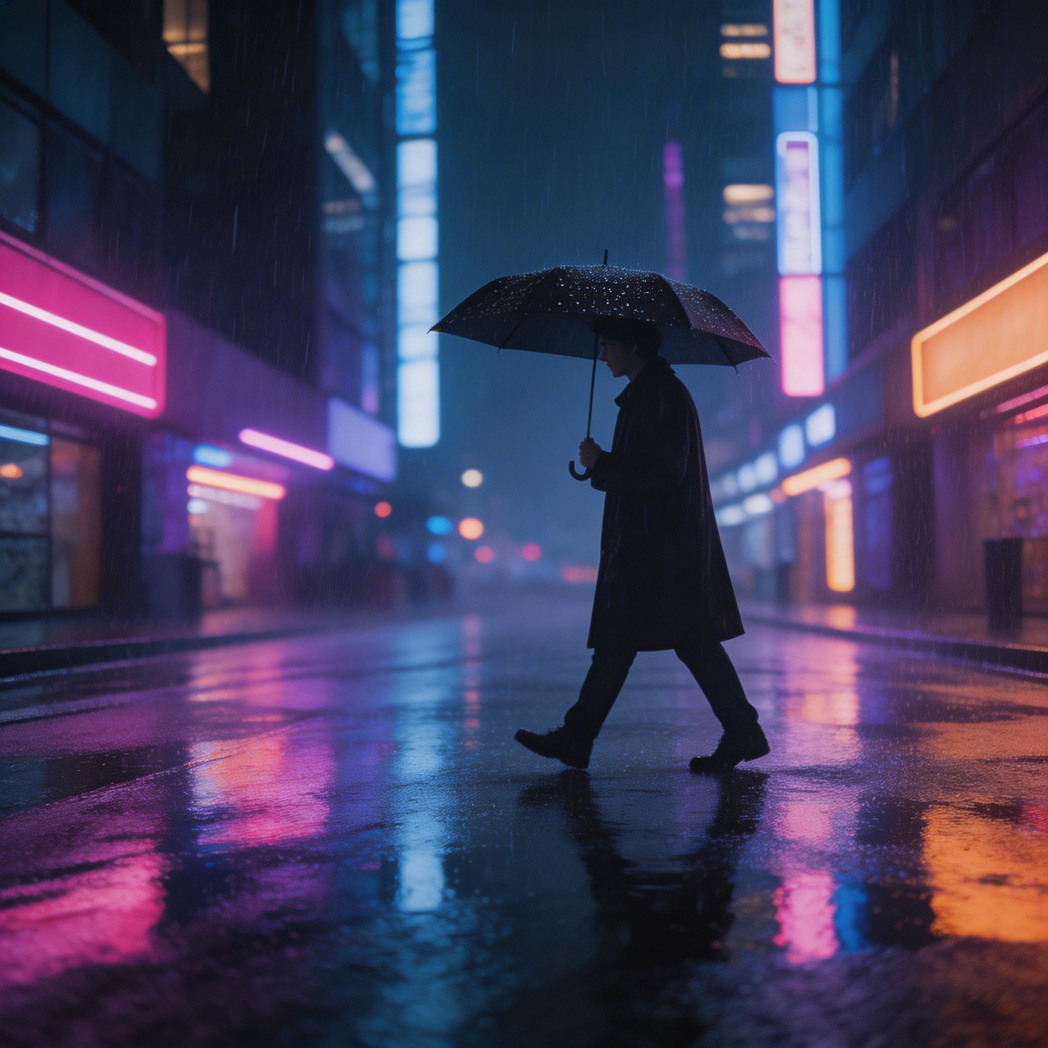 Rain-Soaked City. A person walking alone through a rain-soaked Tokyo street at night, neon reflections on wet pavement, umbrella catching rain drops, camera tracking alongside...