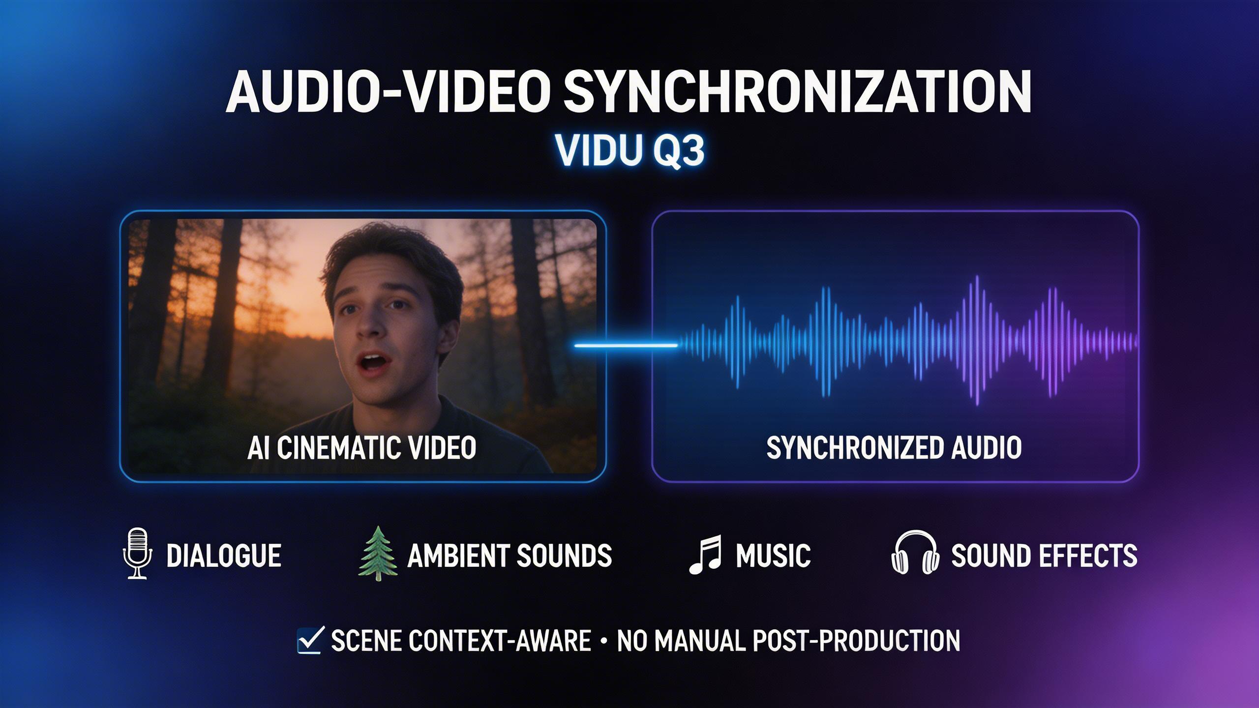 Sincronización Audio-Video. Genera audio sincronizado junto con el video — diálogos, paisajes sonoros ambientales, música y efectos de sonido. Vidu Q3 entiende el contexto de...