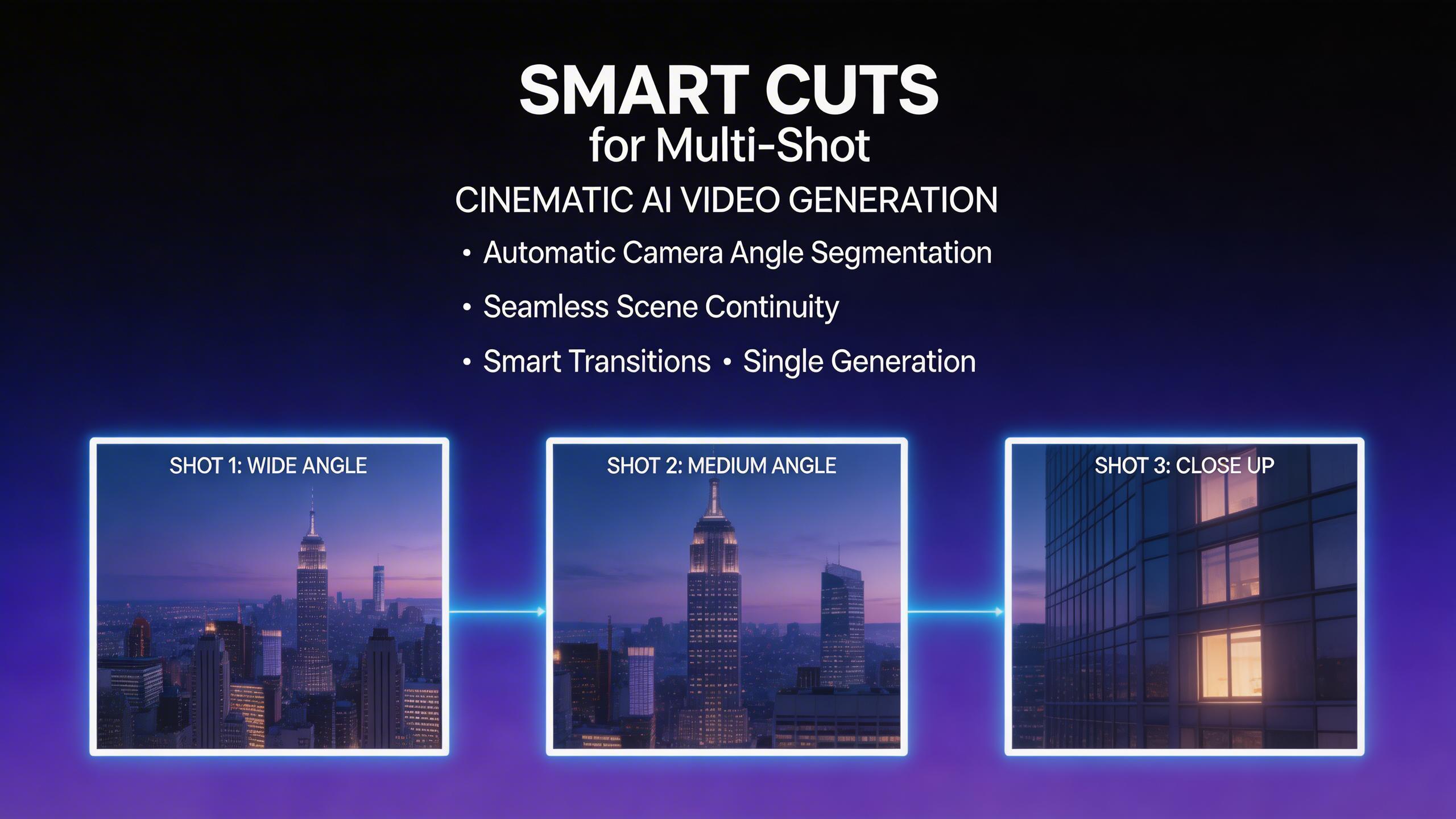 Smart Cuts para Multi-Toma. Smart Cuts segmenta automáticamente tu generación en múltiples ángulos de cámara y tomas mientras mantiene la continuidad de la escena. Construye...