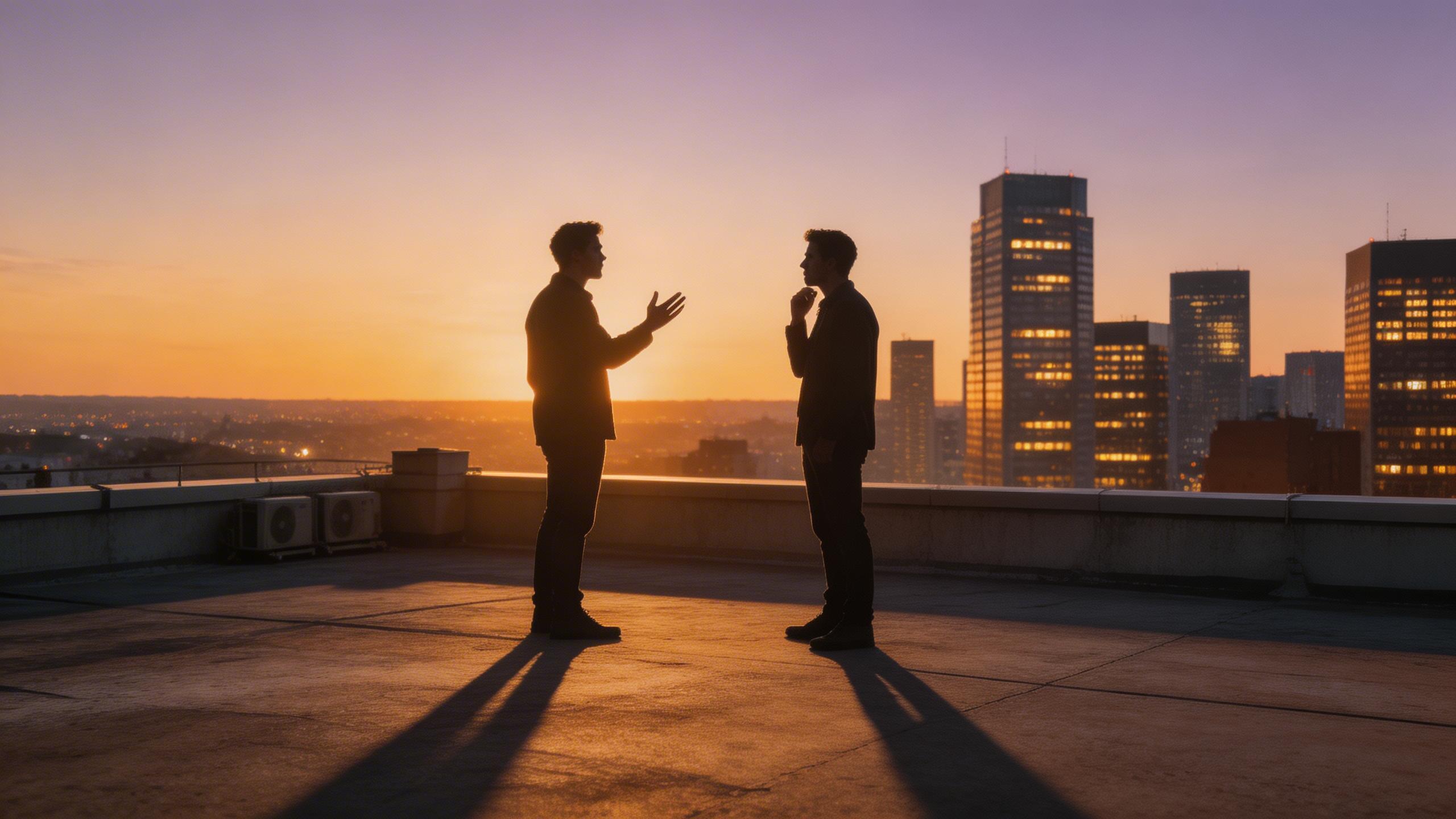 Conversación en Azotea al Atardecer. Dos siluetas en una azotea al atardecer, contraluz cálido proyectando sombras largas, una persona gesticula mientras habla la otra escucha...