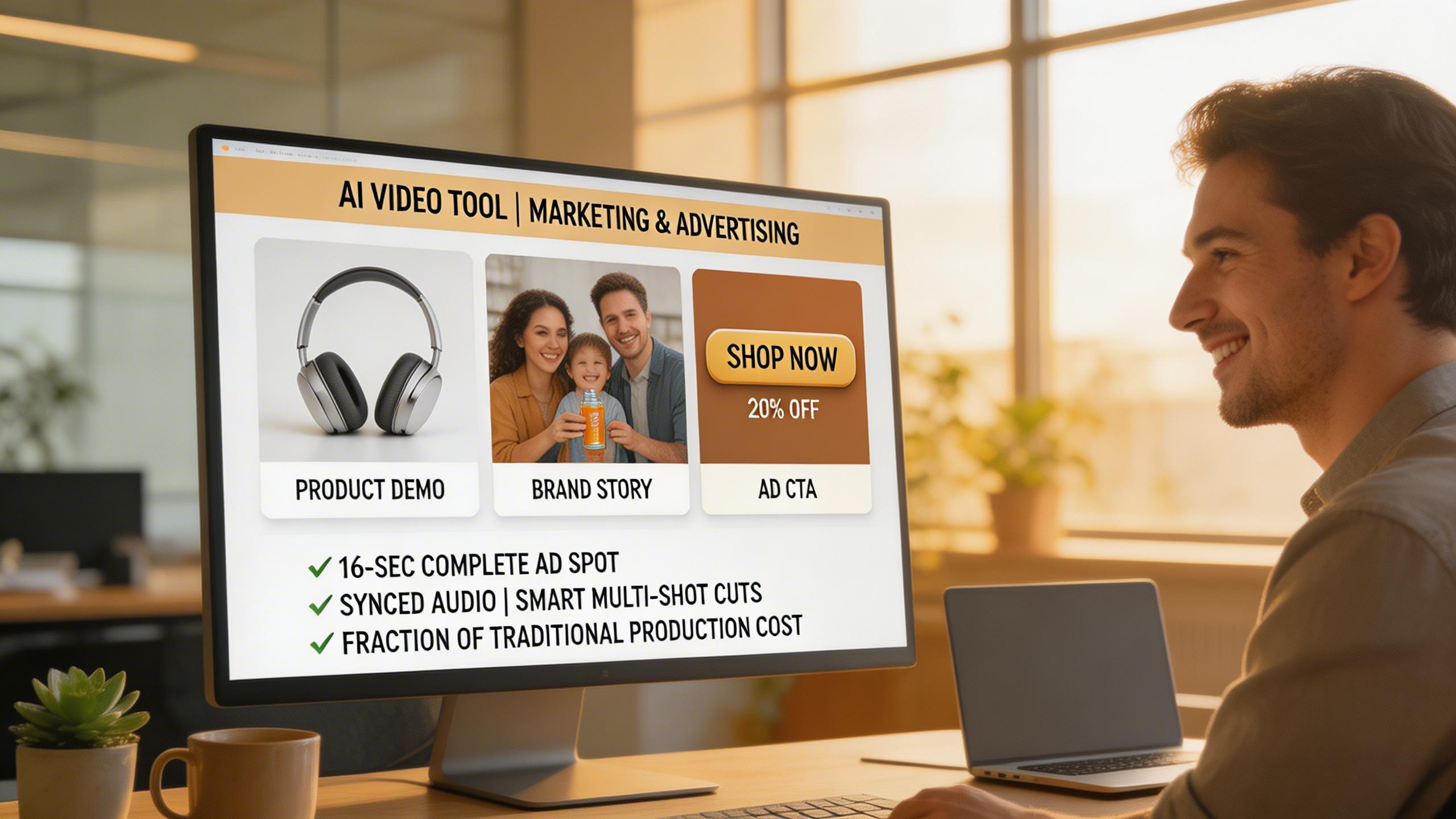 Marketing y Publicidad. Crea demos de productos pulidos, historias de marca y creativos publicitarios con Smart Cuts multi-toma. Genera spots publicitarios completos de 16...
