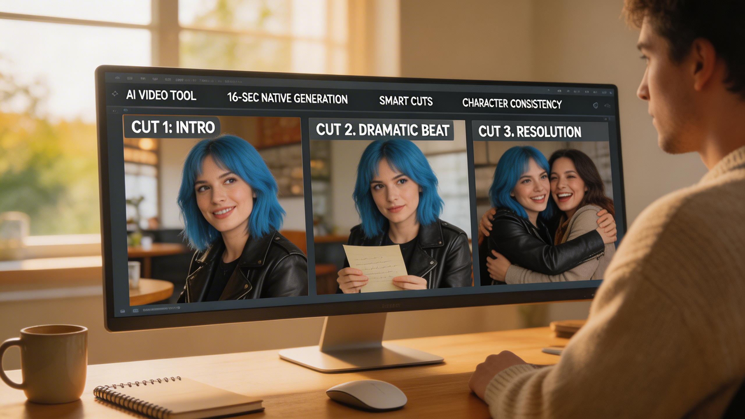 Cortometraje y Narrativa. Aprovecha la generación nativa de 16 segundos y Smart Cuts para crear secuencias narrativas completas — presentación de personajes, momentos...