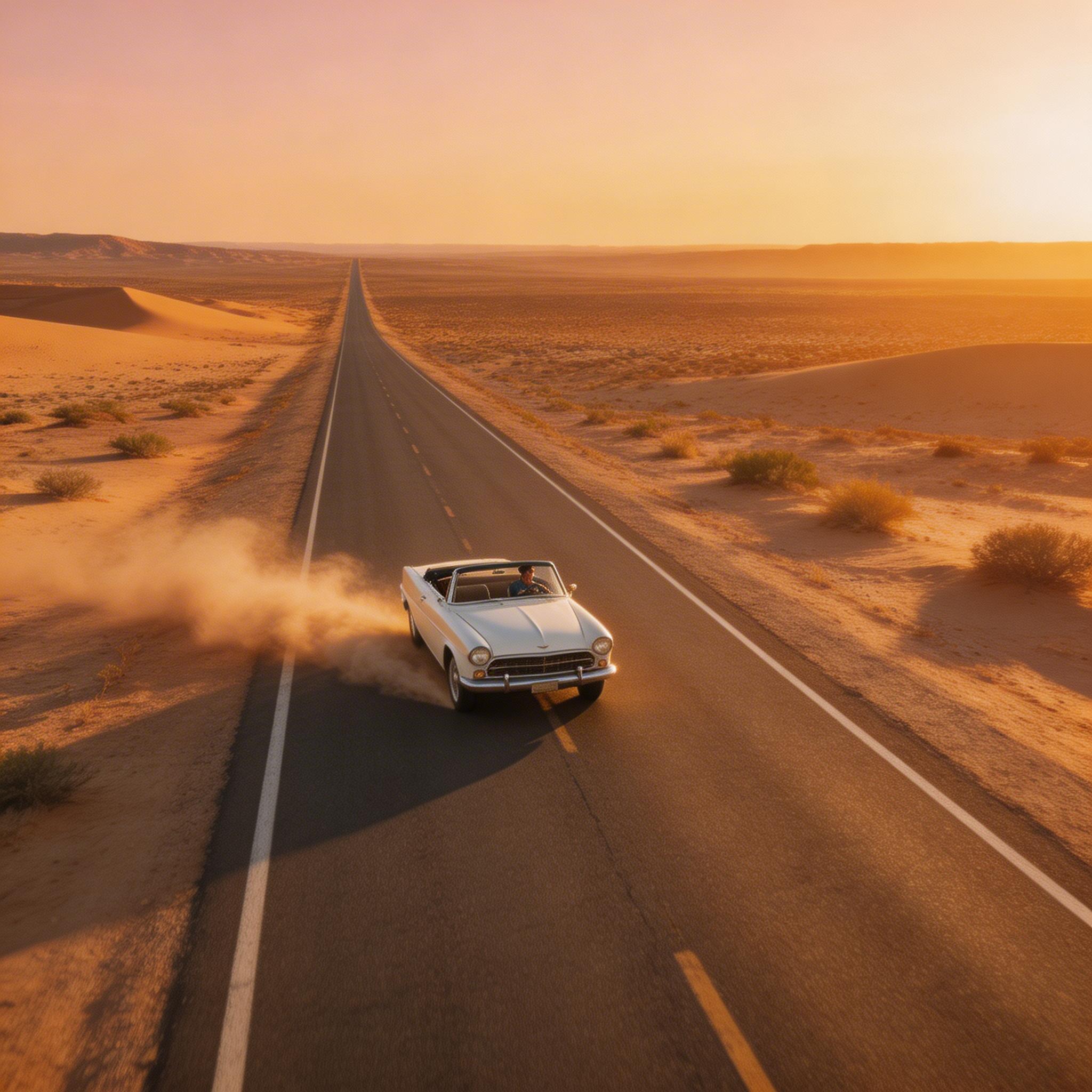 Viaje por Autopista del Desierto. Un convertible vintage conduce por una autopista interminable del desierto durante la hora dorada, estela de polvo detrás, cámara sigue desde...