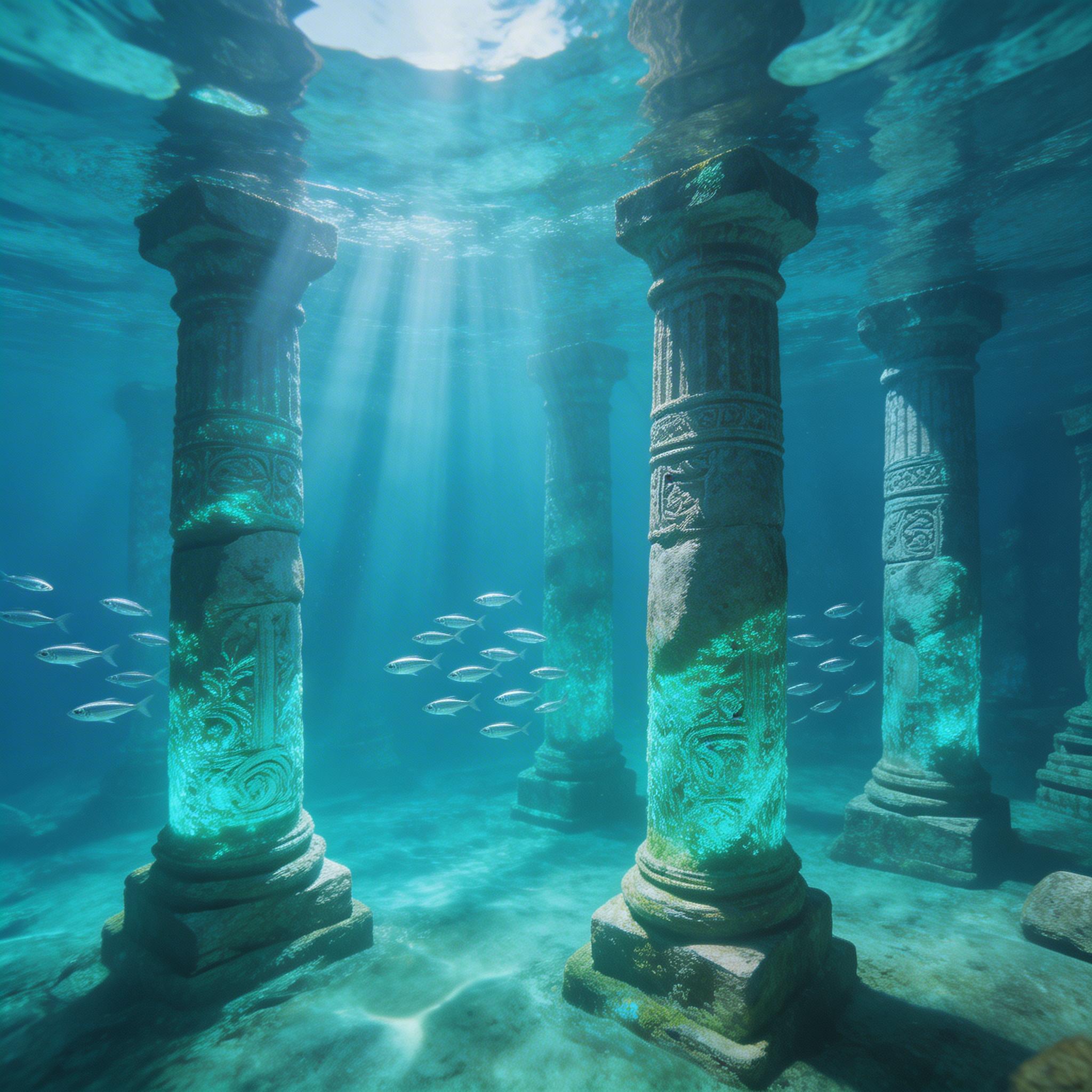 Catedral Submarina. Luz solar penetrando la superficie de un cenote cristalino, cámara desciende lentamente bajo el agua revelando columnas de piedra antiguas sumergidas...