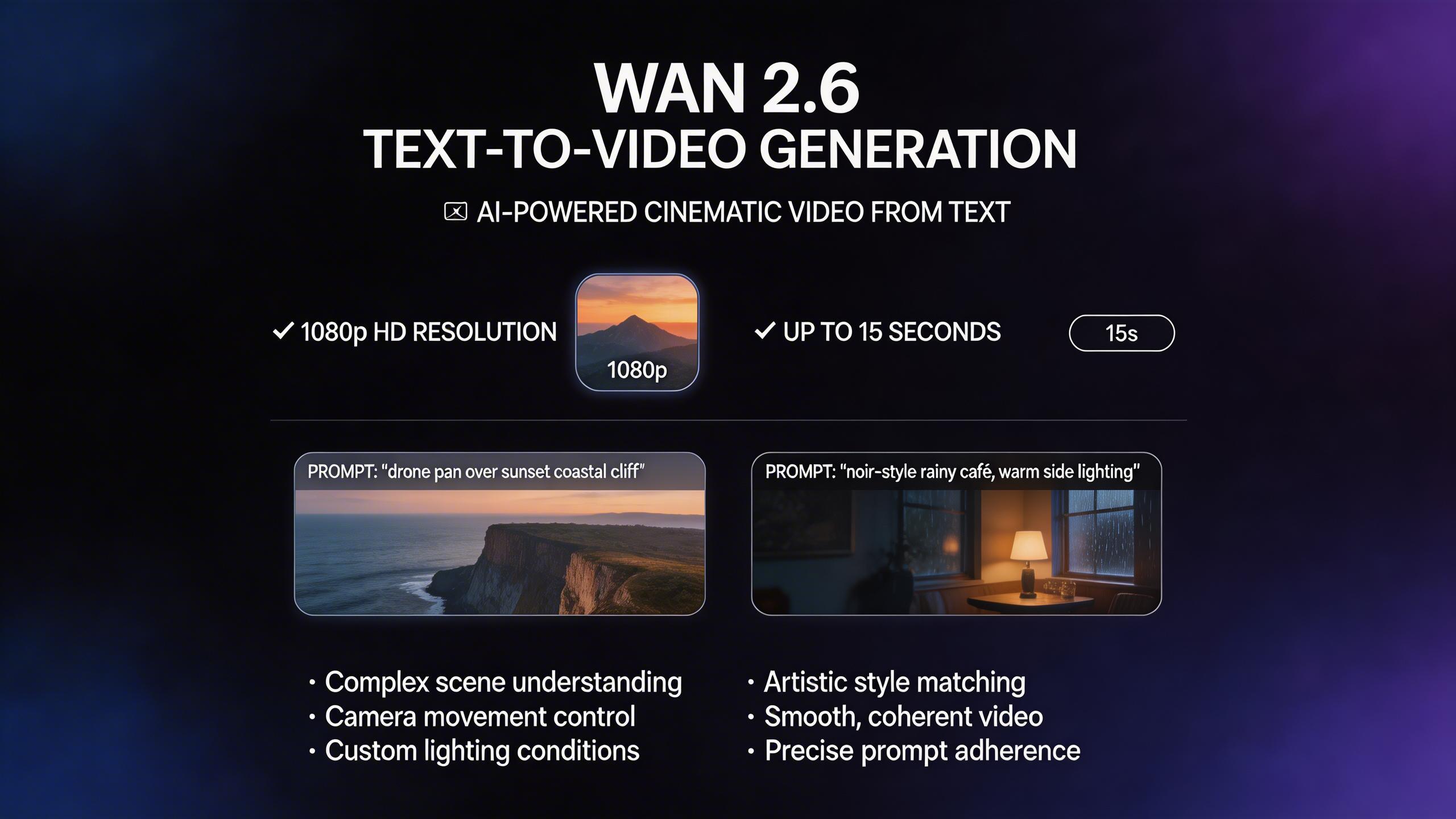 Text-to-Video Generation. Generate up to 1080p videos from text prompts with excellent prompt adherence. Wan 2.6 understands complex scene descriptions, camera movements,...