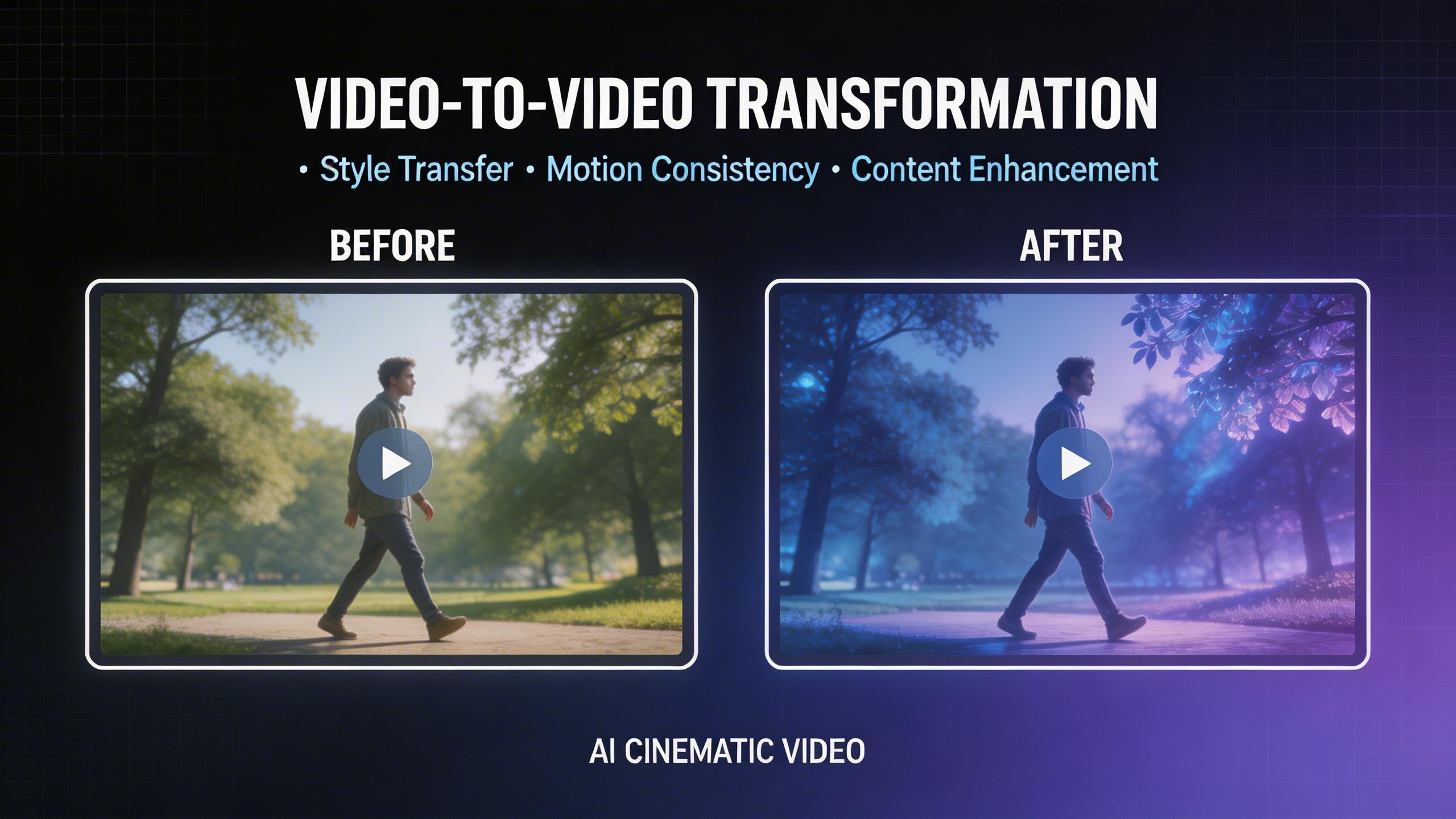 Video-to-Video Transformation. Transform existing videos with style transfer, motion modification, and content enhancement. Change the visual style, add effects, or reimagine...
