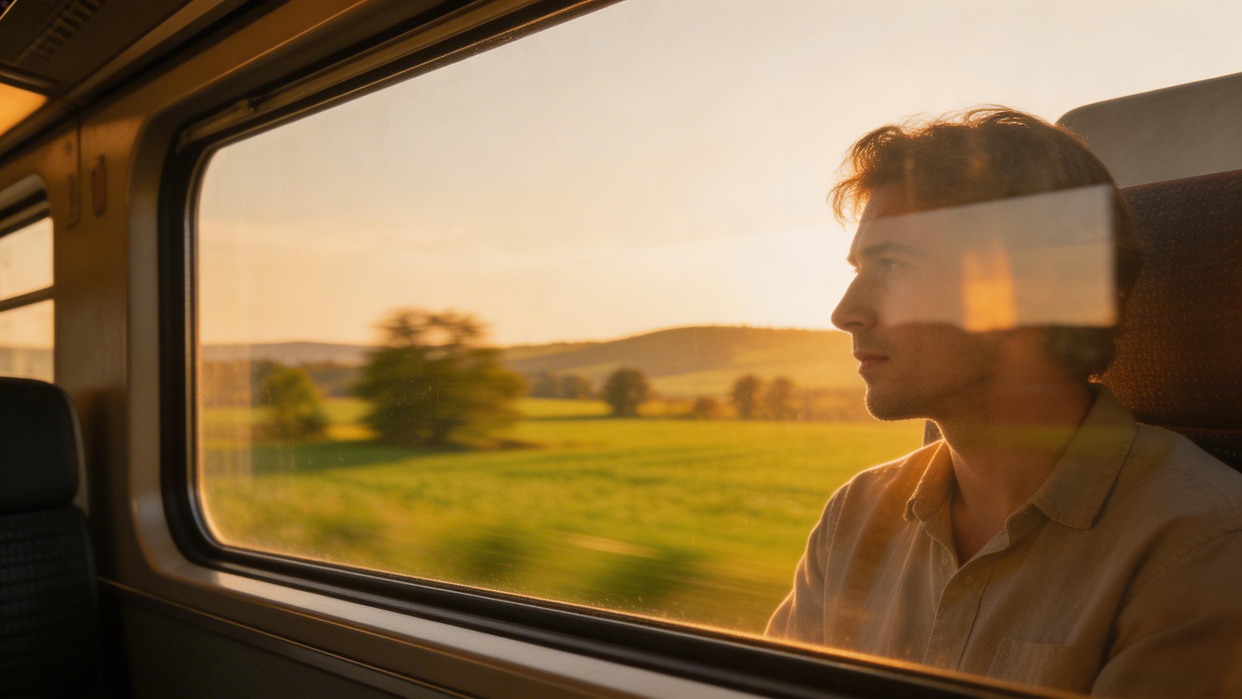 Train Window. POV from inside a train window, countryside scenery passing by at speed, reflections of the passenger visible in the glass, golden afternoon light, gentle camera...
