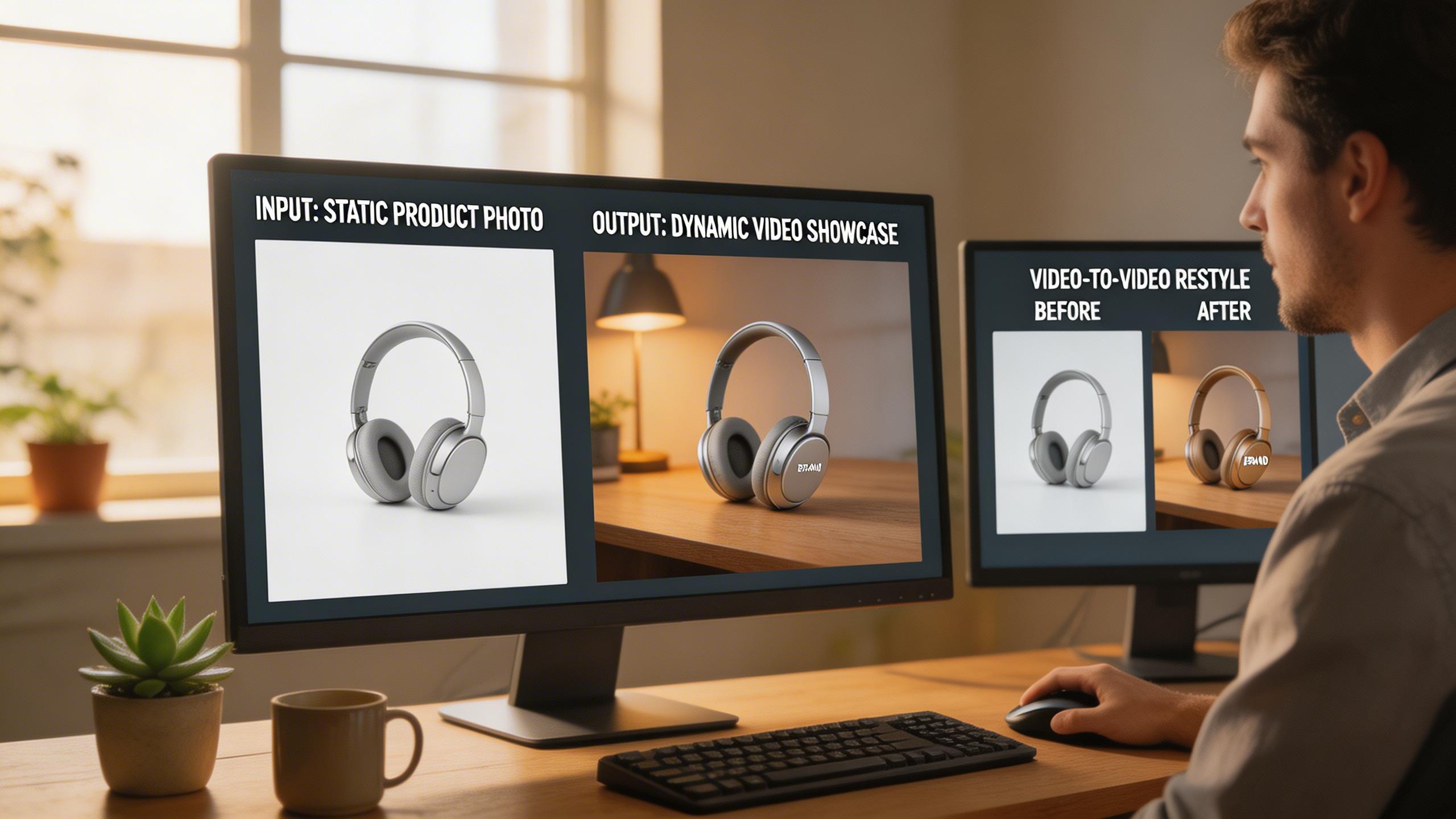 E-Commerce Product Showcases. Transform product photos into dynamic video showcases with smooth rotation, lifestyle contexts, and professional lighting. Video-to-video mode...