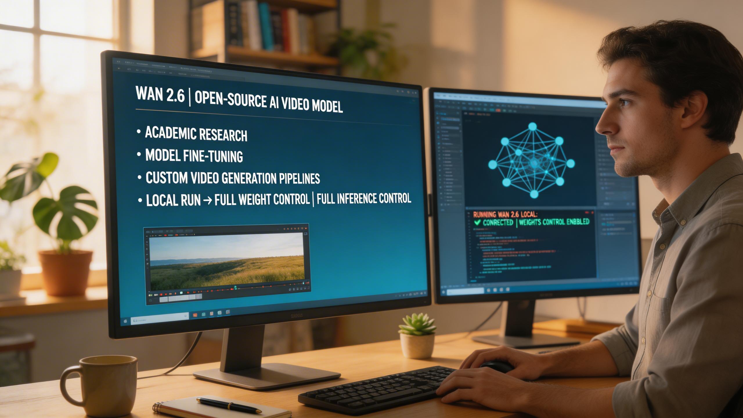 Research & Development. As a fully open-source model, Wan 2.6 is perfect for academic research, model fine-tuning, and building custom video generation pipelines. Run locally...