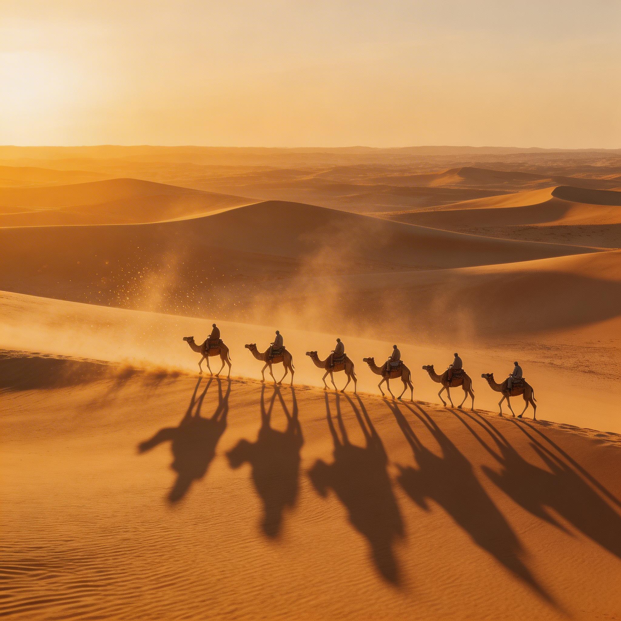 Desert Caravan. A camel caravan crossing vast sand dunes at golden hour, long shadows stretching behind, dust particles caught in warm light, slow aerial tracking shot from...