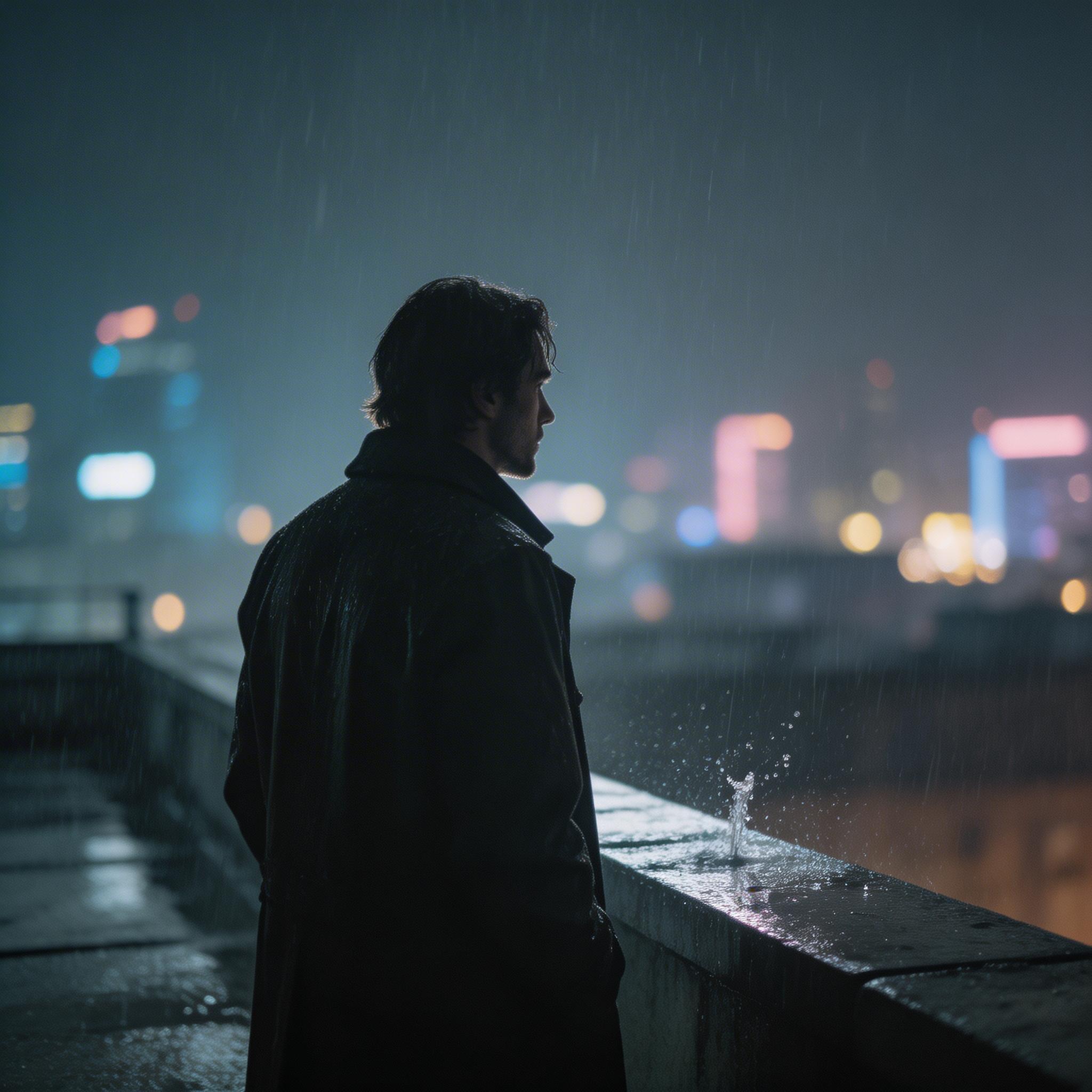 Rainy Rooftop. A figure standing alone on a rooftop in the rain, city lights blurred in the background, raindrops splashing on the ledge, camera slowly pushes in from wide to...
